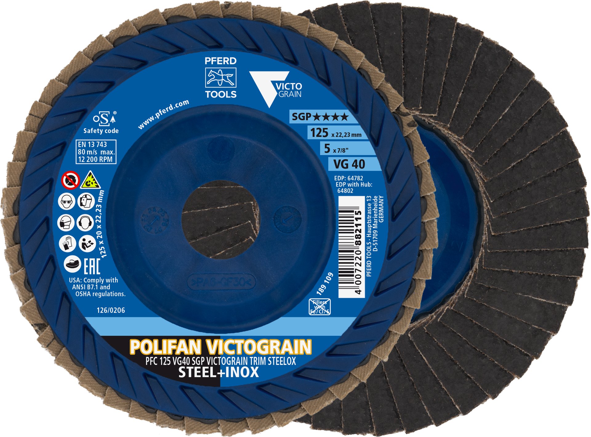 PFERD TOOLS POLIFAN VICTOGRAIN Fächerscheibe PFC 125x22,23 mm konisch VG60 Speziallinie SGP STEELOX für Stahl/Edelstahl Produktbild img1 L