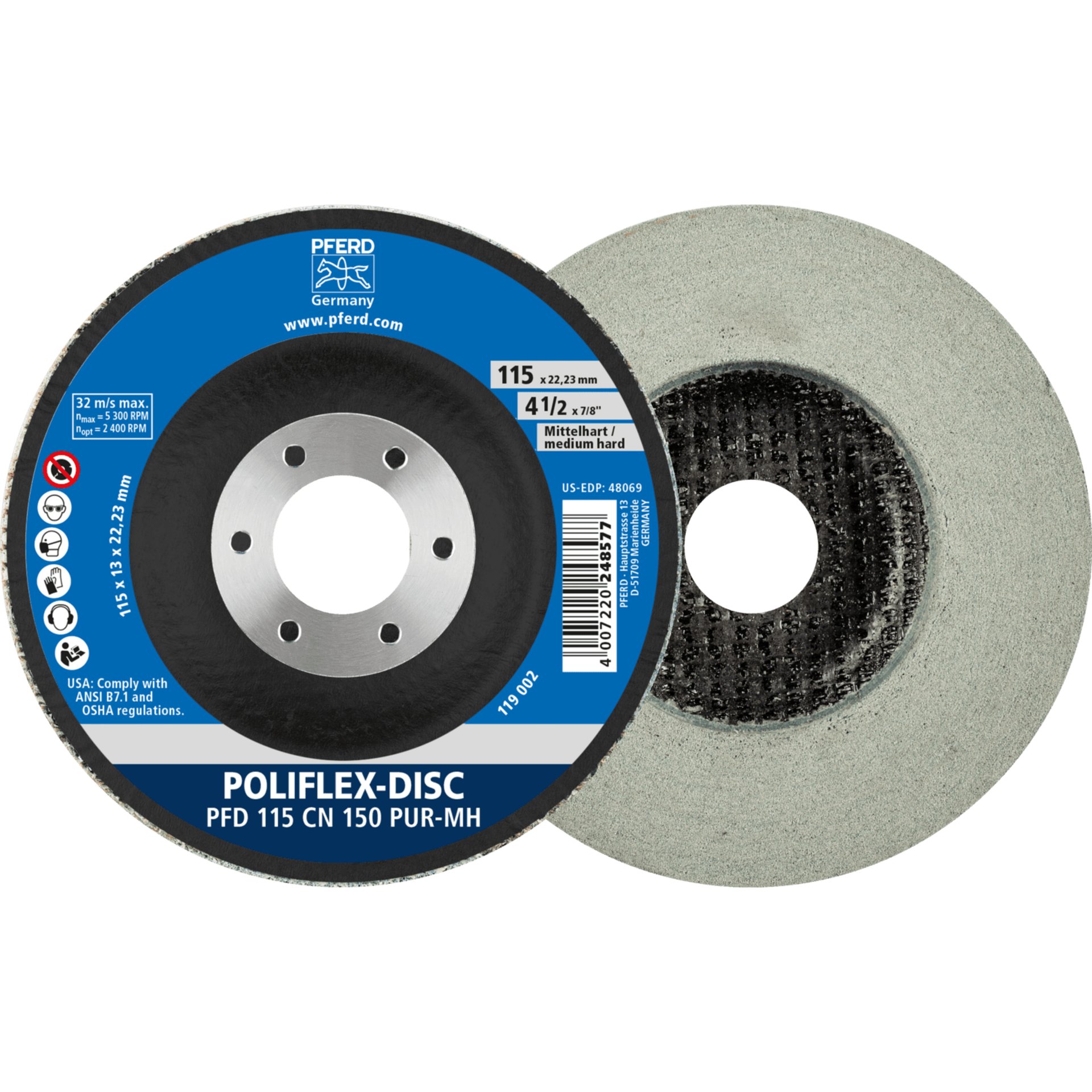 PFERD TOOLS Poliflex Disc PFD Ø 115x14 mm Bohrung-Ø 22,23 mm Bindung PUR Mittelhart SIC150 Produktbild img1 L
