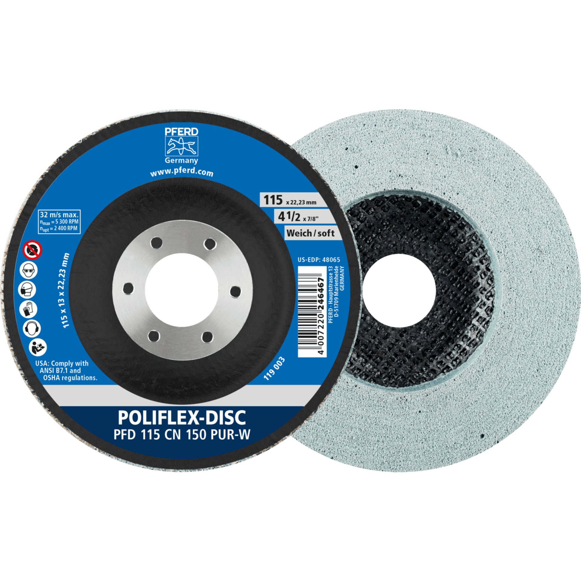 PFERD TOOLS Poliflex Disc PFD Ø 115x14 mm Bohrung-Ø 22,23 mm Bindung PUR Weich SIC150 Produktbild img1 L