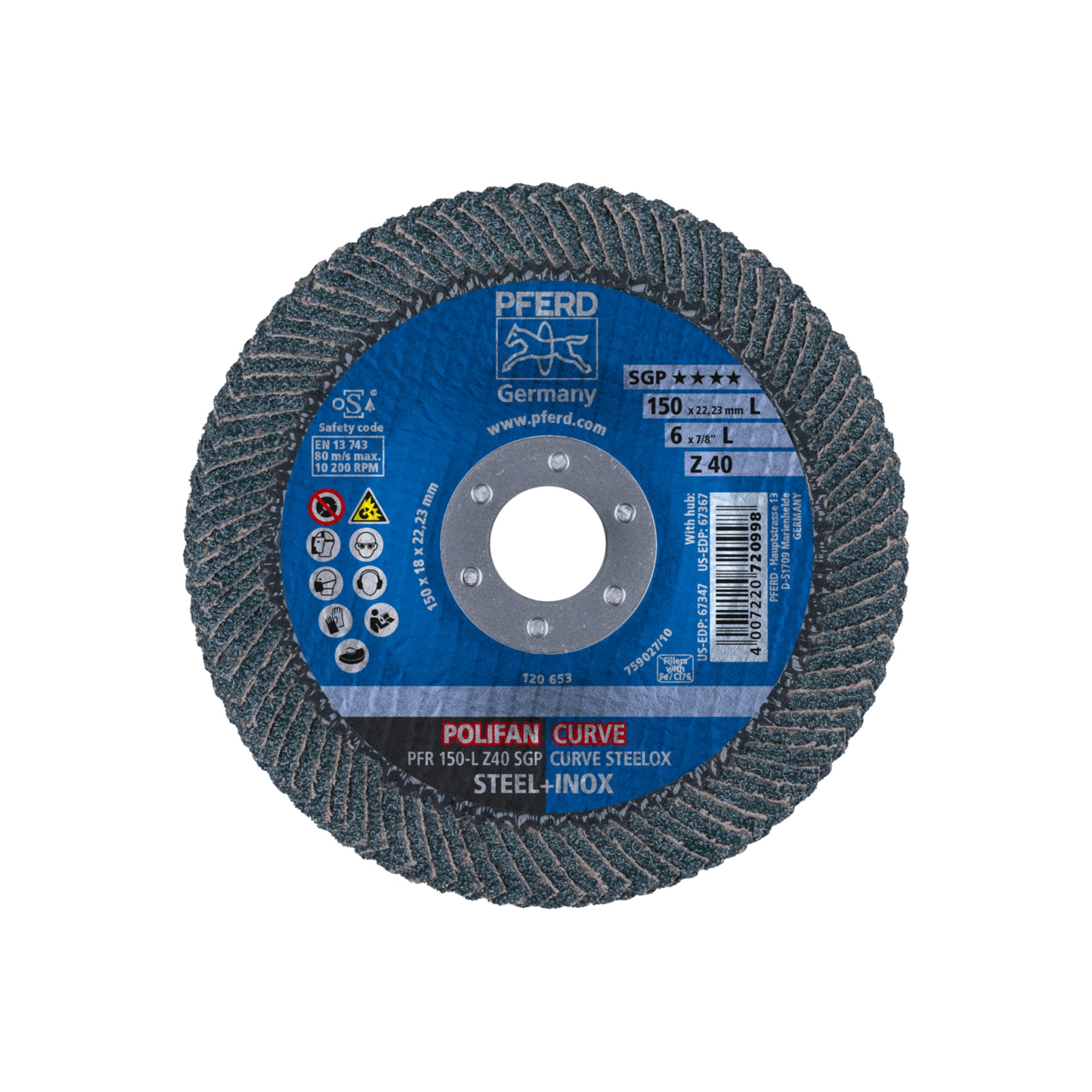 PFERD TOOLS POLIFAN CURVE Fächerscheibe PFR 150x22,23 mm Breite L Z40 SGP STEELOX für Stahl/Edelstahl Produktbild img2 L