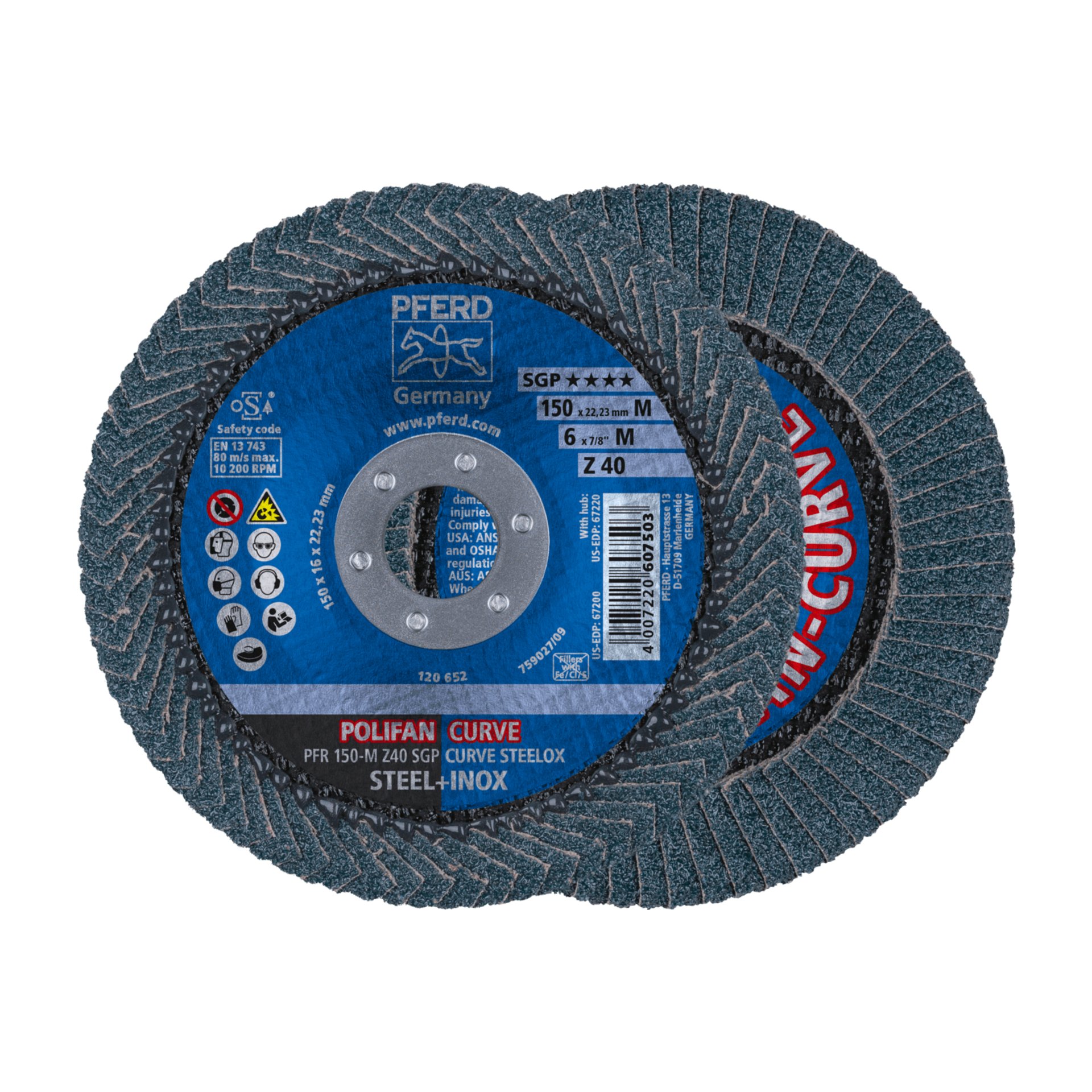 PFERD TOOLS POLIFAN CURVE Fächerscheibe PFR 150x22,23 mm Breite M Z40 SGP STEELOX für Stahl/Edelstahl Produktbild img1 L