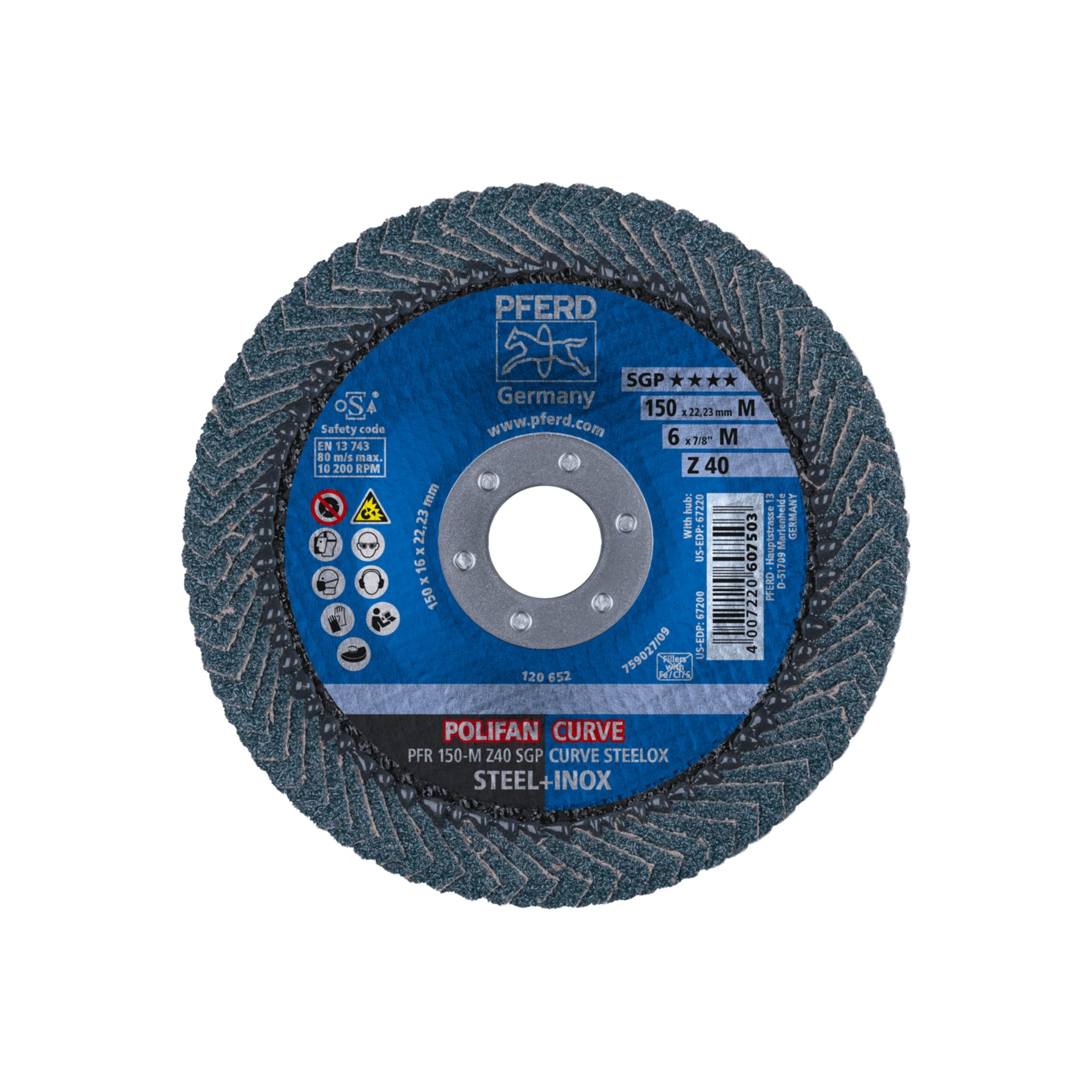 PFERD TOOLS POLIFAN CURVE Fächerscheibe PFR 150x22,23 mm Breite M Z40 SGP STEELOX für Stahl/Edelstahl Produktbild img2 L