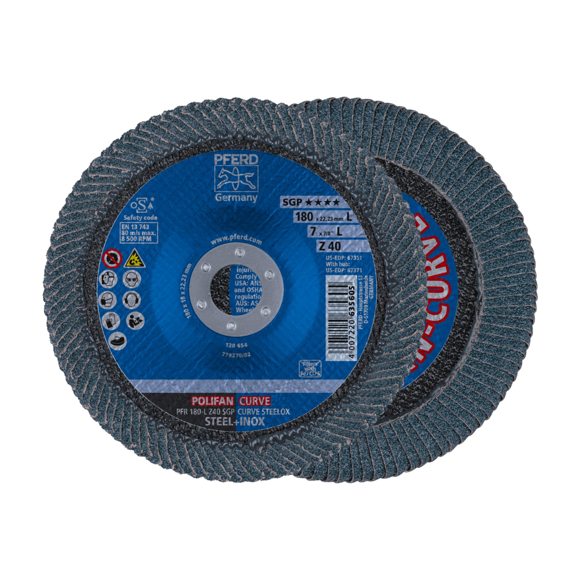 PFERD TOOLS POLIFAN CURVE Fächerscheibe PFR 180x22,23 mm Breite L Z40 SGP STEELOX für Stahl/Edelstahl Produktbild img1 L