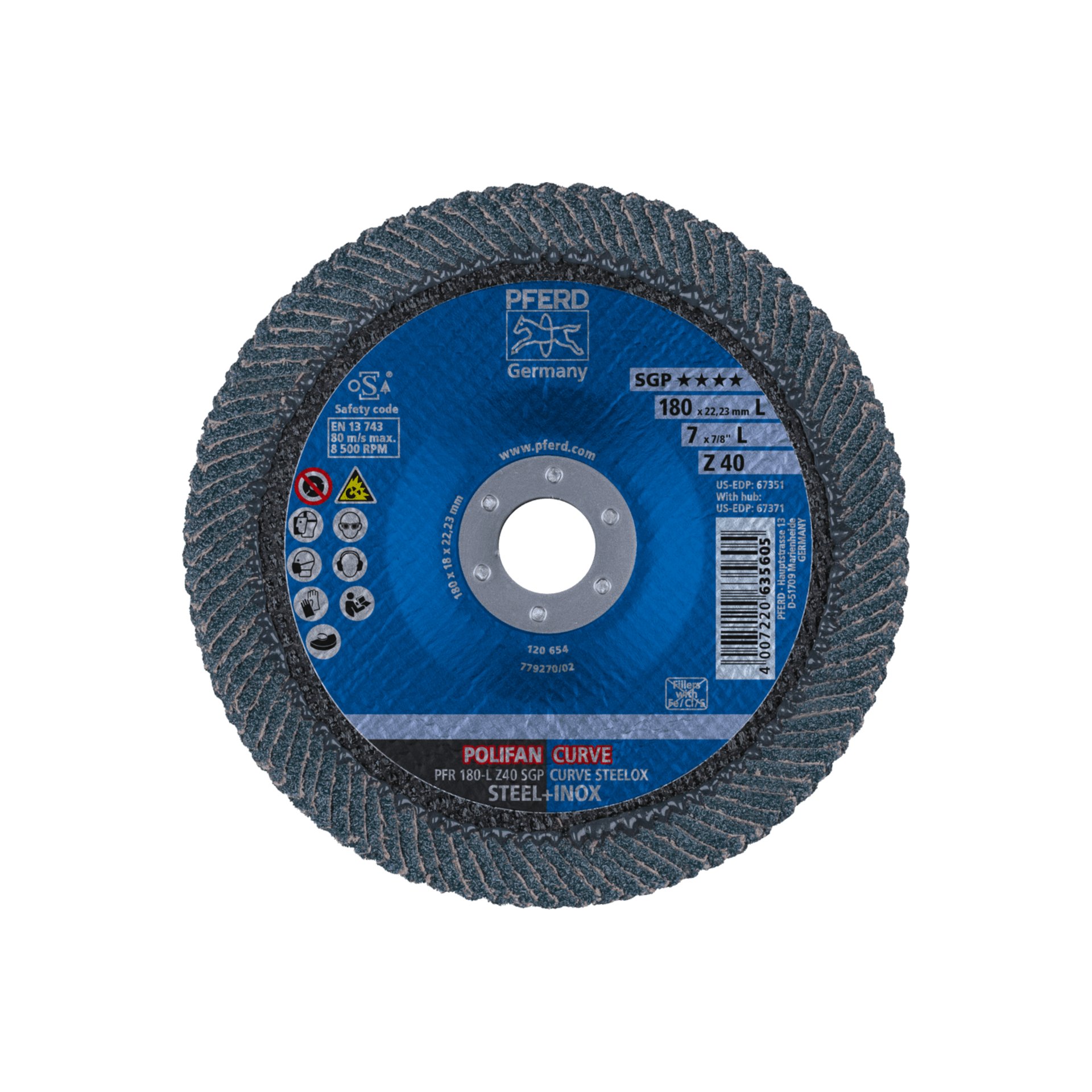 PFERD TOOLS POLIFAN CURVE Fächerscheibe PFR 180x22,23 mm Breite L Z40 SGP STEELOX für Stahl/Edelstahl Produktbild img2 L