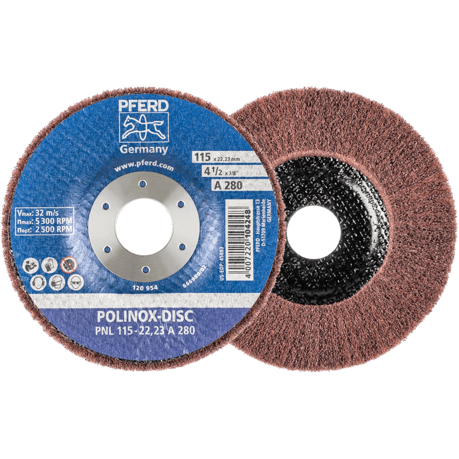 PFERD TOOLS POLINOX Vlies-Schleifdisc PNL Ø 115 mm Bohrung-Ø 22,23 mm A280 für Feinschliff und Finish Produktbild img1 L