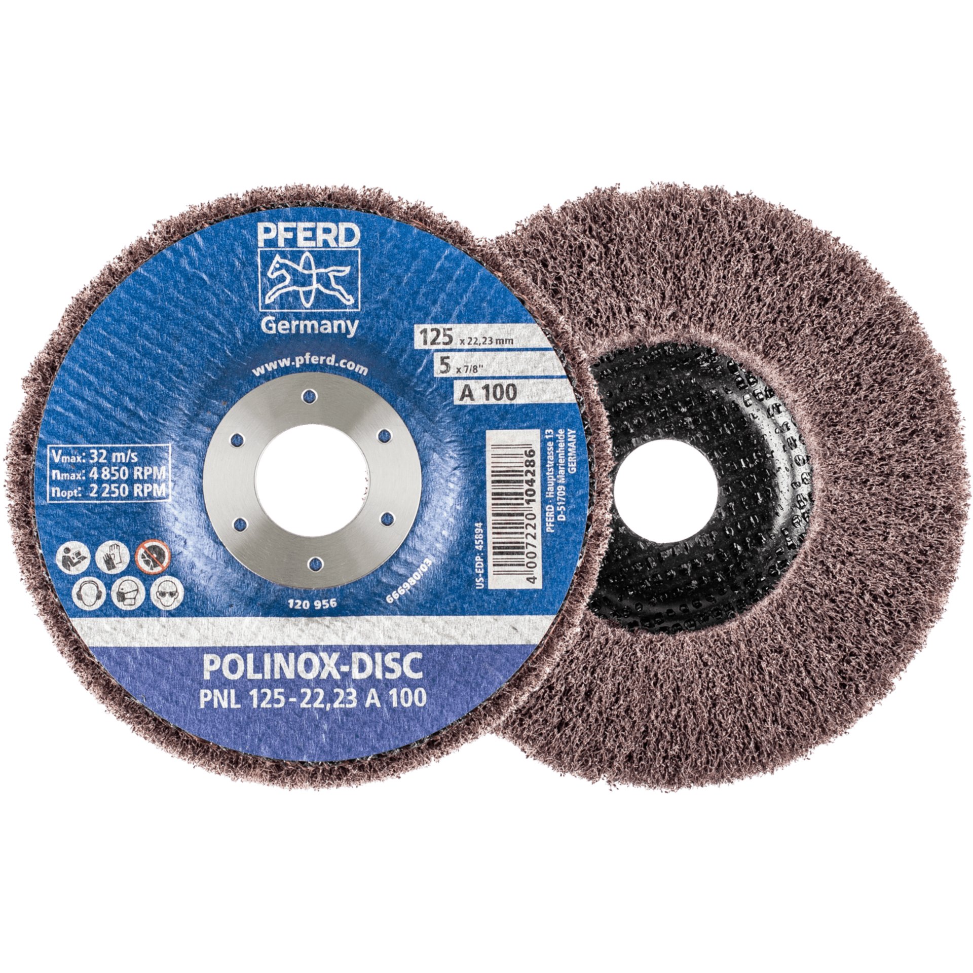 PFERD TOOLS POLINOX Vlies-Schleifdisc PNL Ø 125 mm Bohrung-Ø 22,23 mm A100 für Feinschliff und Finish Produktbild img1 L