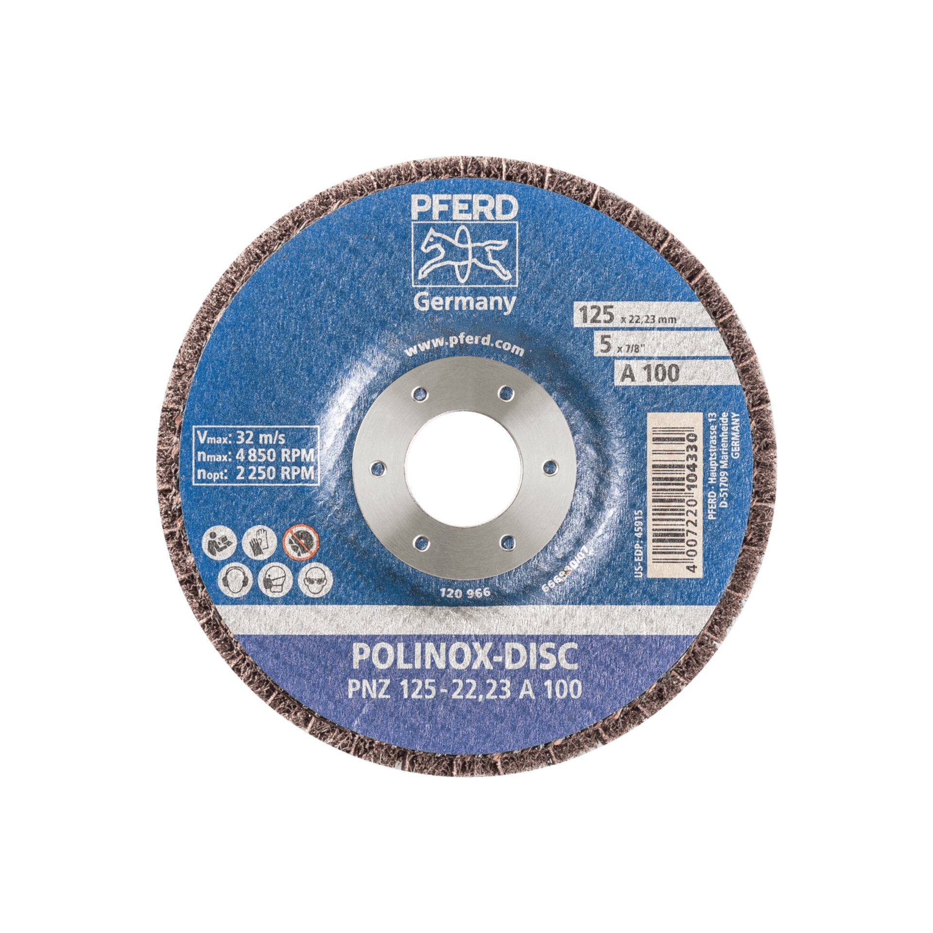 PFERD TOOLS POLINOX Vlies-Schleifdisc PNZ Ø 125 mm Bohrung-Ø 22,23 mm A100 für Feinschliff und Finish Produktbild img3 L