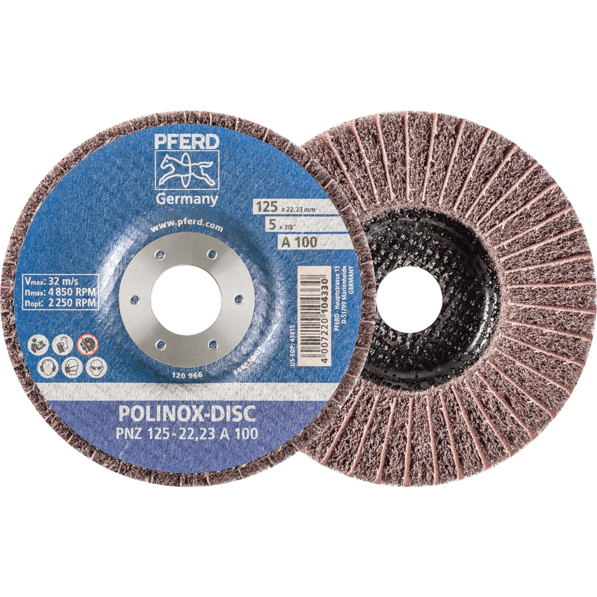 PFERD TOOLS POLINOX Vlies-Schleifdisc PNZ Ø 125 mm Bohrung-Ø 22,23 mm A100 für Feinschliff und Finish Produktbild img1 L