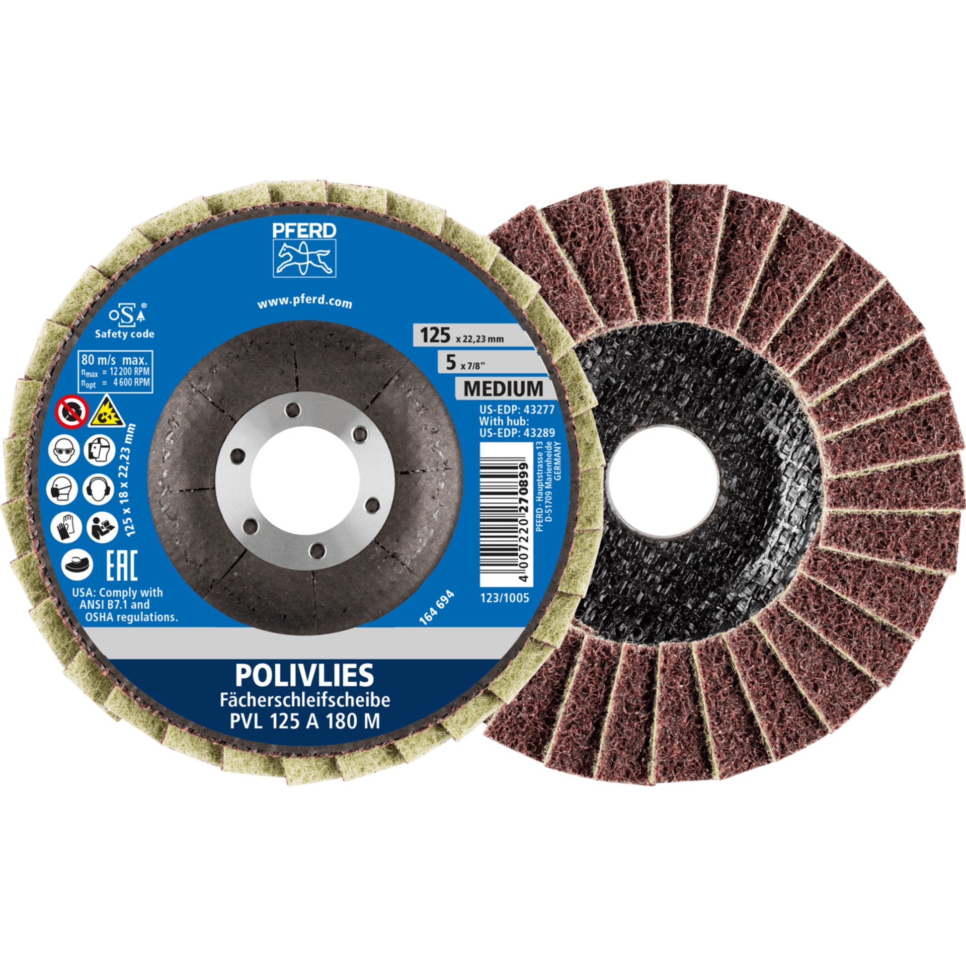PFERD TOOLS POLIVLIES-Fächerscheibe PVL Korund Ø 125 mm Bohrung 22,23 mm A180M für Feinschliff Produktbild img1 L