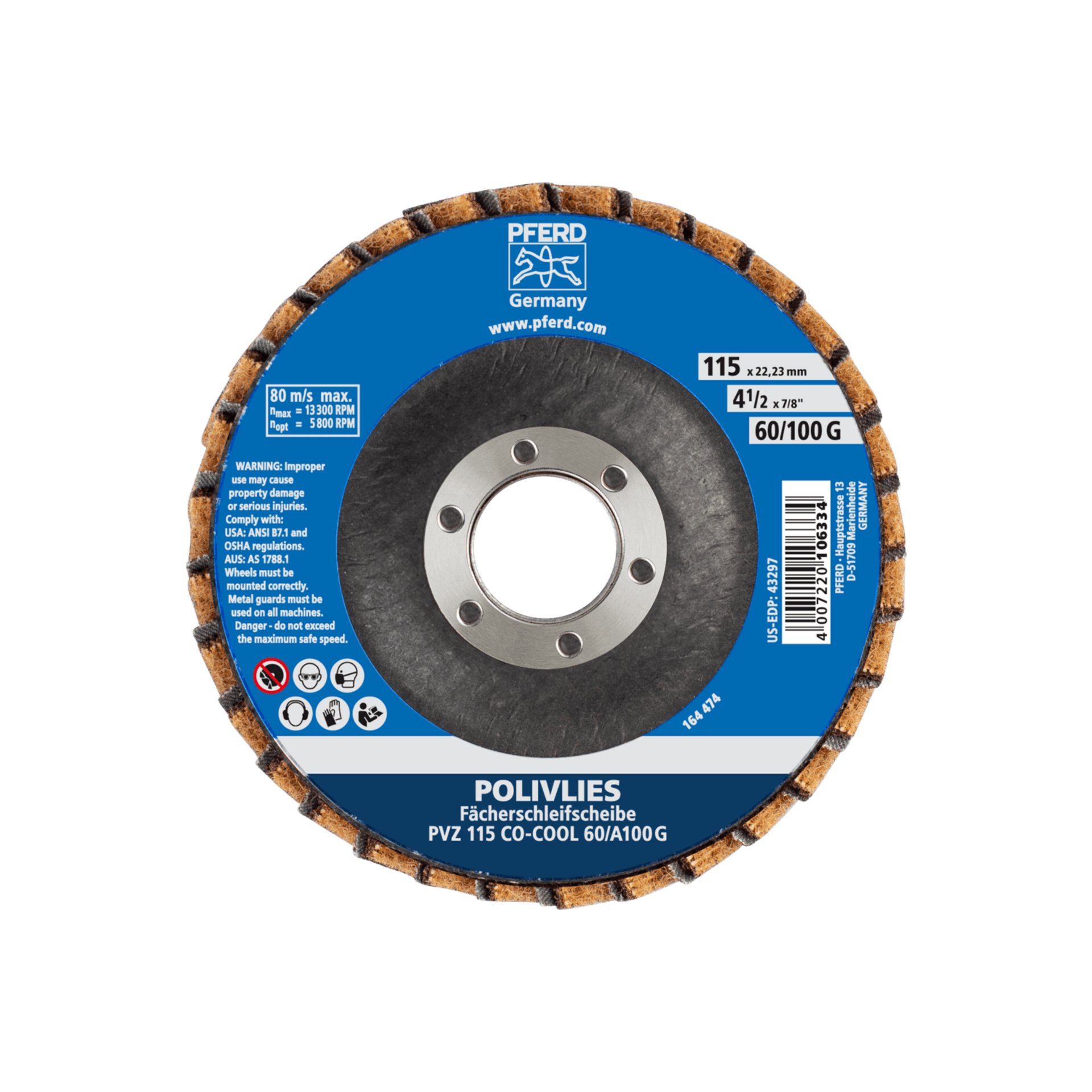 PFERD TOOLS POLIVLIES-Fächerscheibe PVZ Keramik Ø 115 mm Bohrung 22,23 mm CO-COOL60/A100 G für Feinschliff Produktbild img3 L