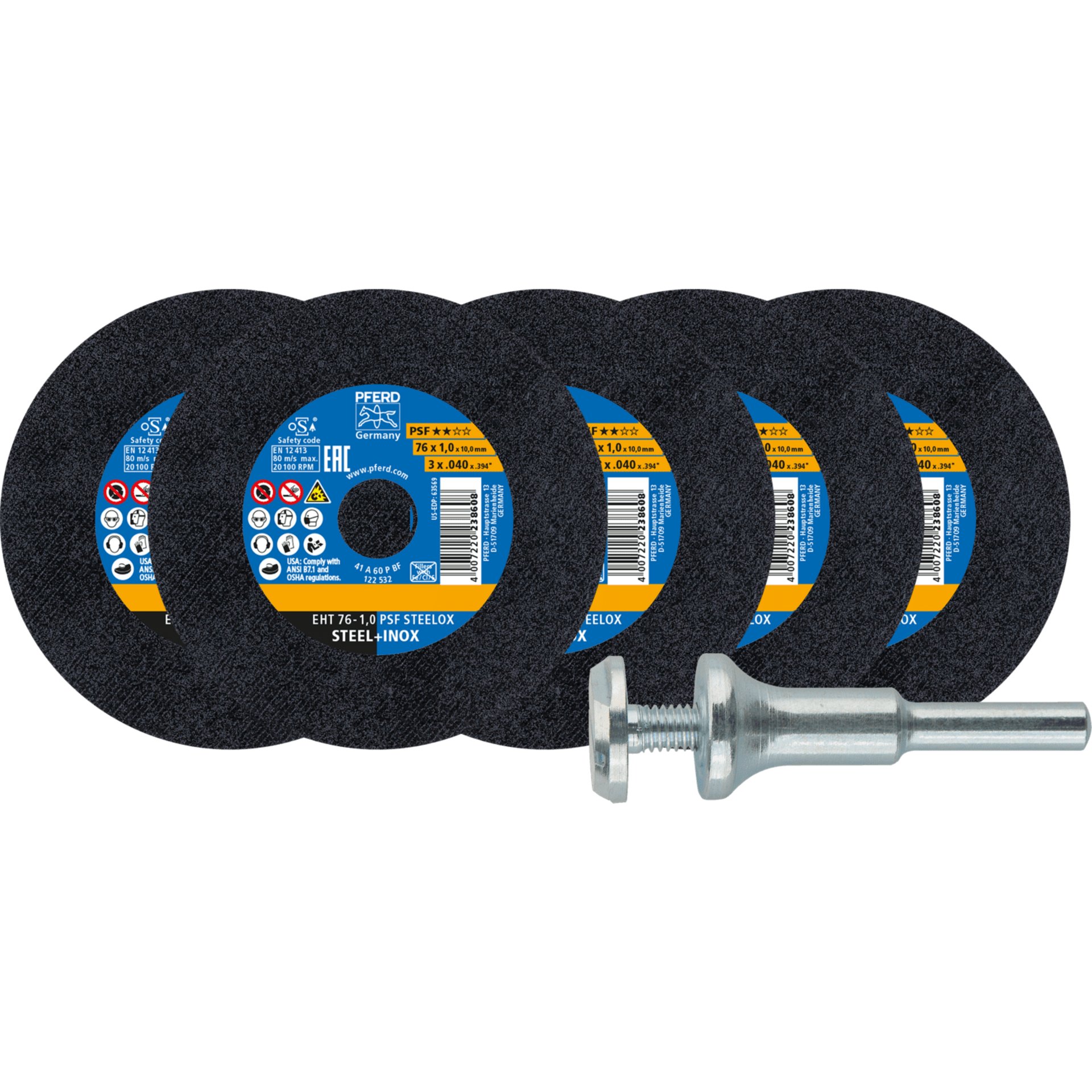 5x Trennscheiben EHT 76x1,0x10 mm gerade PSF STEELOX für Stahl/Edelstahl mit 1x Aufspannbolzen Produktbild img1 L