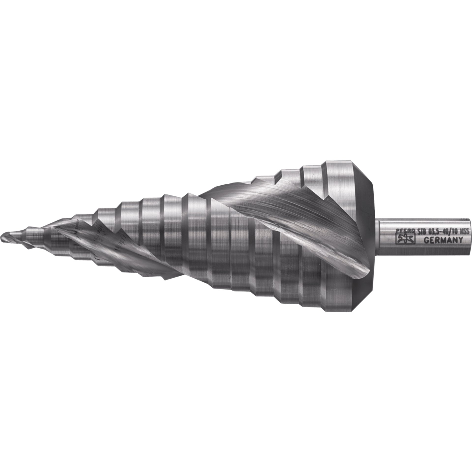 PFERD TOOLS Stufenbohrer HSS 15 Bohrstufen Ø 3,5-40 mm 3-Flächenschaft-Ø 10 mm, abgestimmt auf die gängigen Durchmesser von Kabelrohrverschraubungen Produktbild img1 L