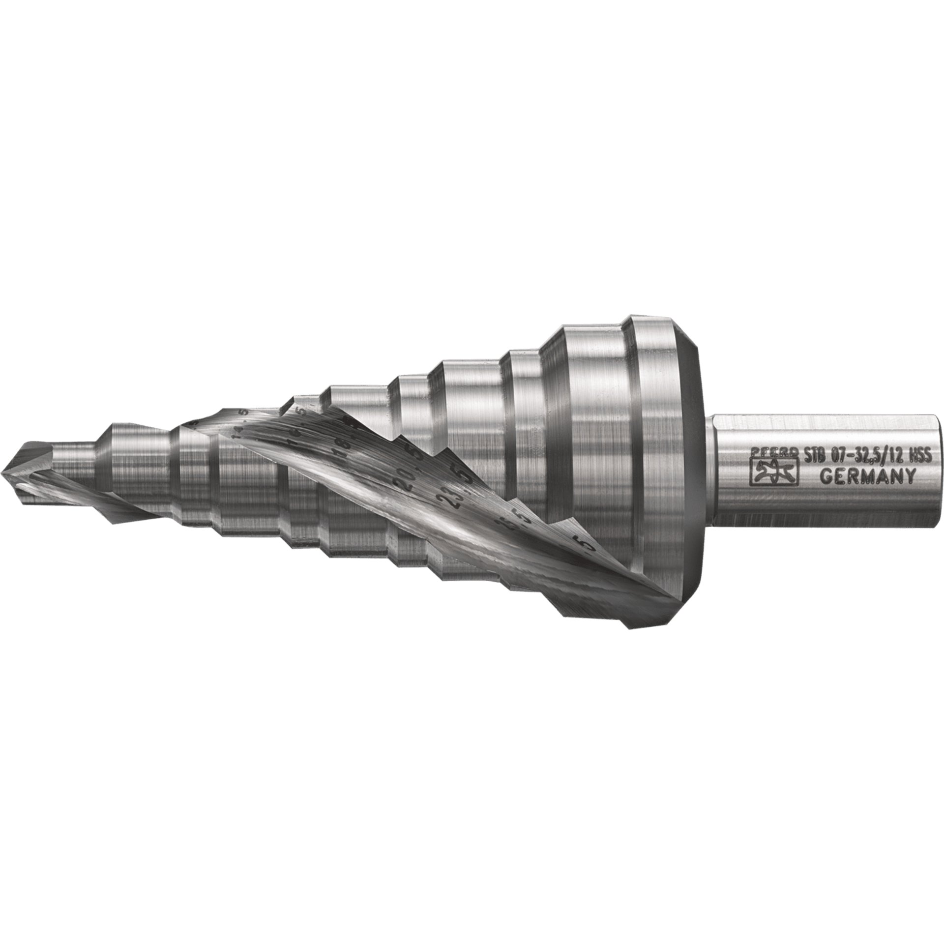 PFERD TOOLS Stufenbohrer HSS 11 Bohrstufen Ø 7-32,5 mm 3-Flächenschaft-Ø 12 mm, abgestimmt auf die gängigen Durchmesser von Kabelrohrverschraubungen Produktbild img1 L