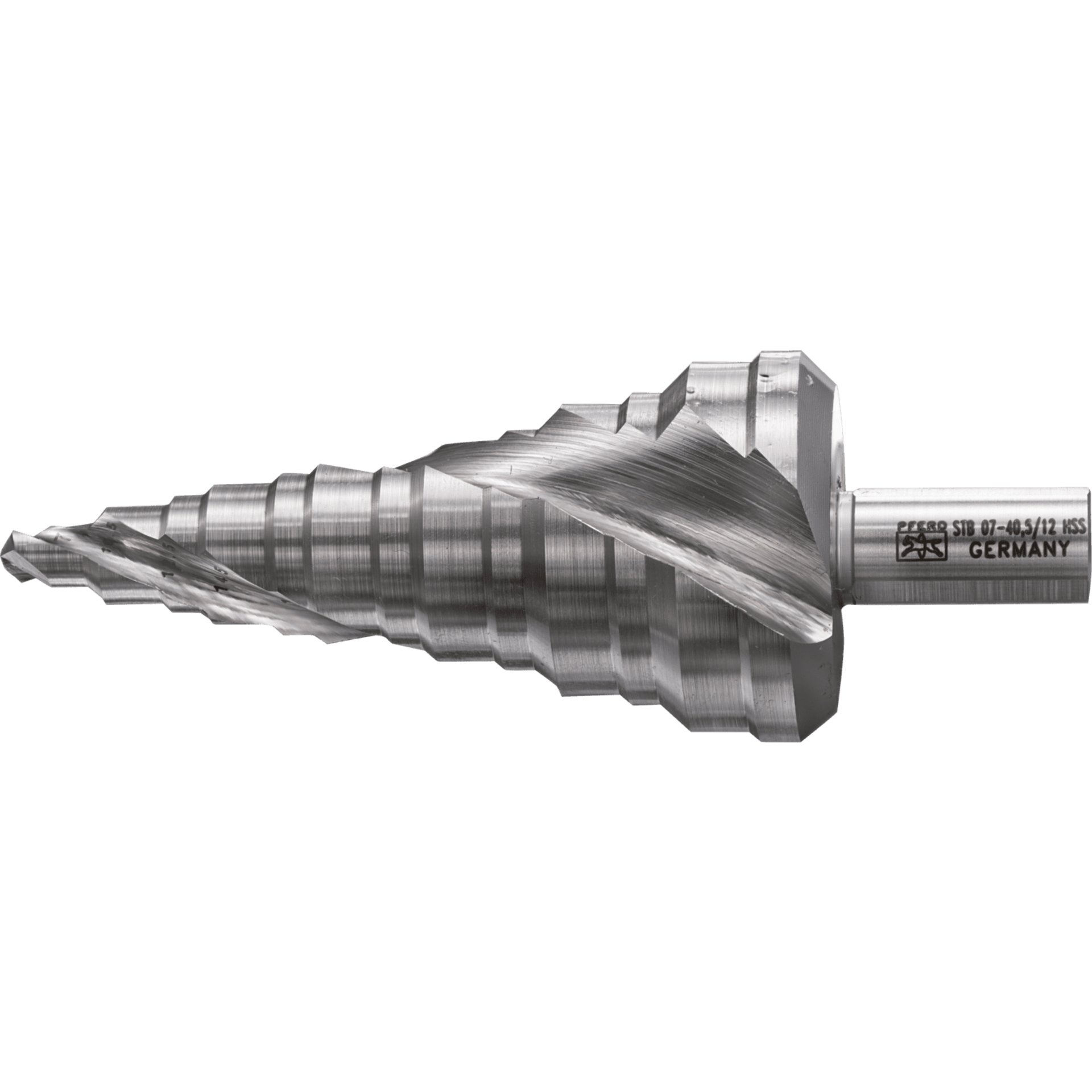 PFERD TOOLS Stufenbohrer HSS 13 Bohrstufen Ø 7-40,5 mm 3-Flächenschaft-Ø 12 mm, abgestimmt auf die gängigen Durchmesser von Kabelrohrverschraubungen Produktbild img1 L