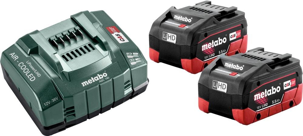 Akku-Starter Set LiHD 18,0 V 2 x 5,5 Ah Metabo Ladegerät ASC 145 metaBOX Produktbild img1 L