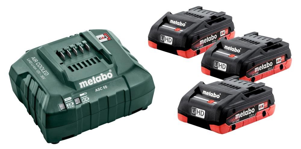 Akku-Starter Set LiHD 18,0 V 3 x 4,0 Ah Metabo Ladegerät ASC 55 Karton Produktbild img1 L