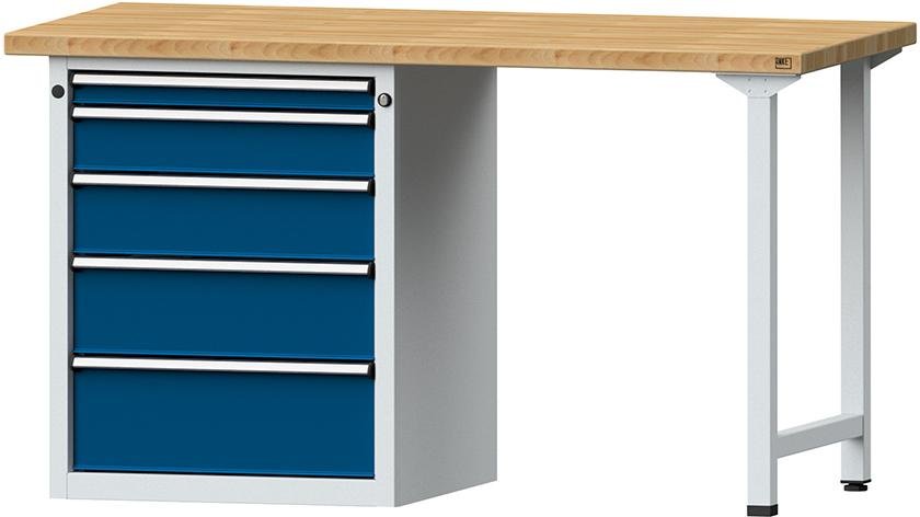 Kombiwerkbank  (Serie V) mit Schubladenunterschrank stehend, mit 5 Schubladen (1x60, 1x120, 1x150, 1x180, 1x210 mm), lichtgrau/enzianblau Produktbild img1 L