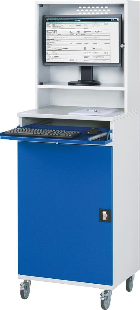 RAU. Computer-Schrank Modell 65 fahrbar 650x520x1895mm RAL7035/5010 Produktbild img1 L