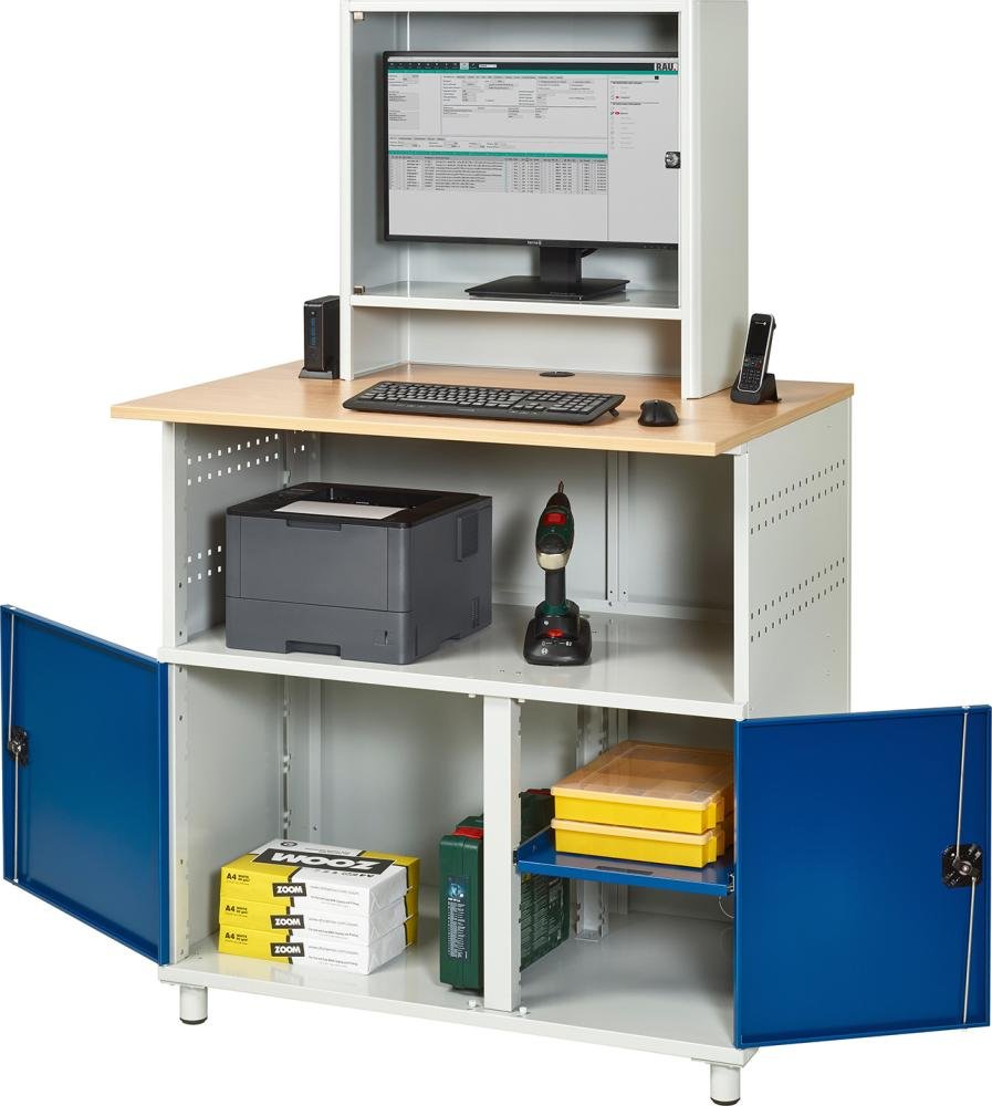 RAU. Computer-Tisch Modell 1023 stationär 1100x800x1810mm Monitorgehäuse RAL7035/5010 Produktbild img1 L