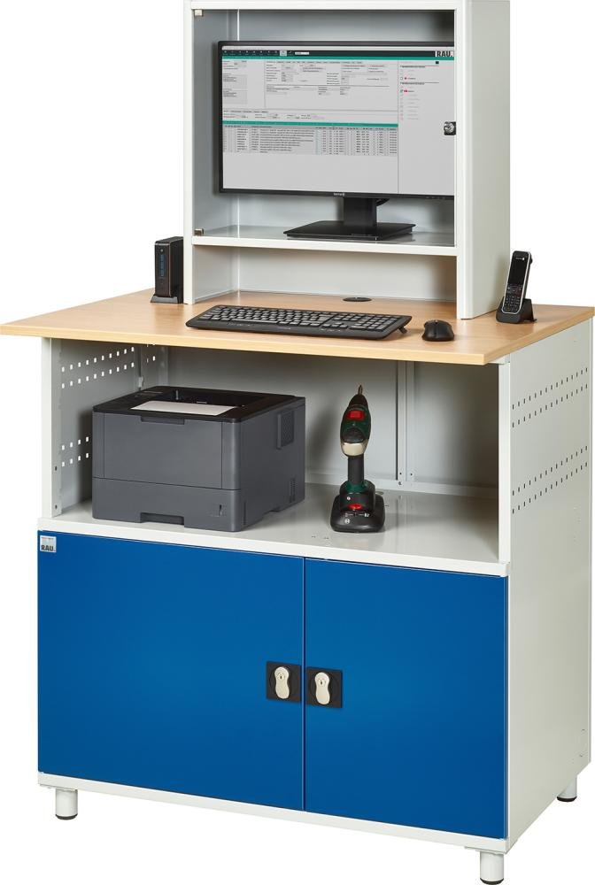 RAU. Computer-Tisch Modell 1023 stationär 1100x800x1810mm Monitorgehäuse RAL7035/5010 Produktbild img3 L