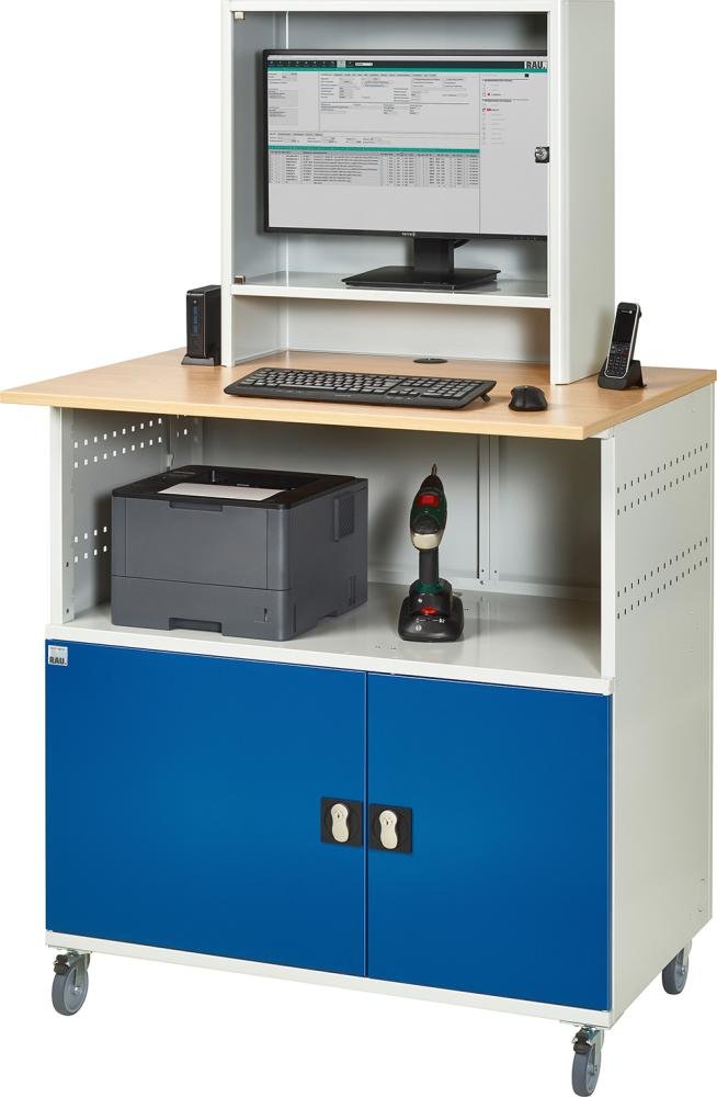 RAU. Computer-Tisch Modell 1023 fahrbar 1100x800x1810mm Monitorgehäuse RAL7035/5010 Produktbild img2 L