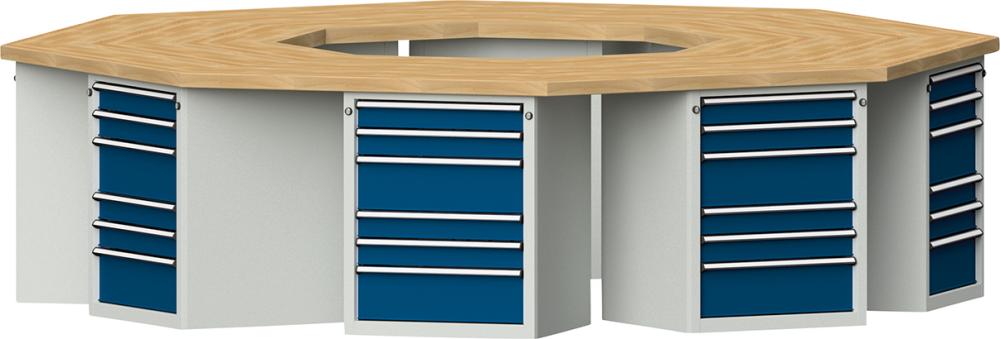 ANKE 8-Eck-Gruppenwerkbank mit BMP 8 Schränke je 6 Schubladen B3018xT3266xH850mm RAL7035/5010 Produktbild img1 L