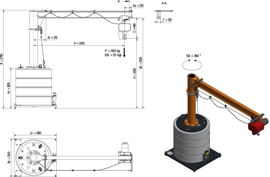 Mobiler Säulenschwenkkran500kg,3,5m,360 MOBILUS+Elektrokettenzug MOB12-PR5-3,5 Produktbild img2 L