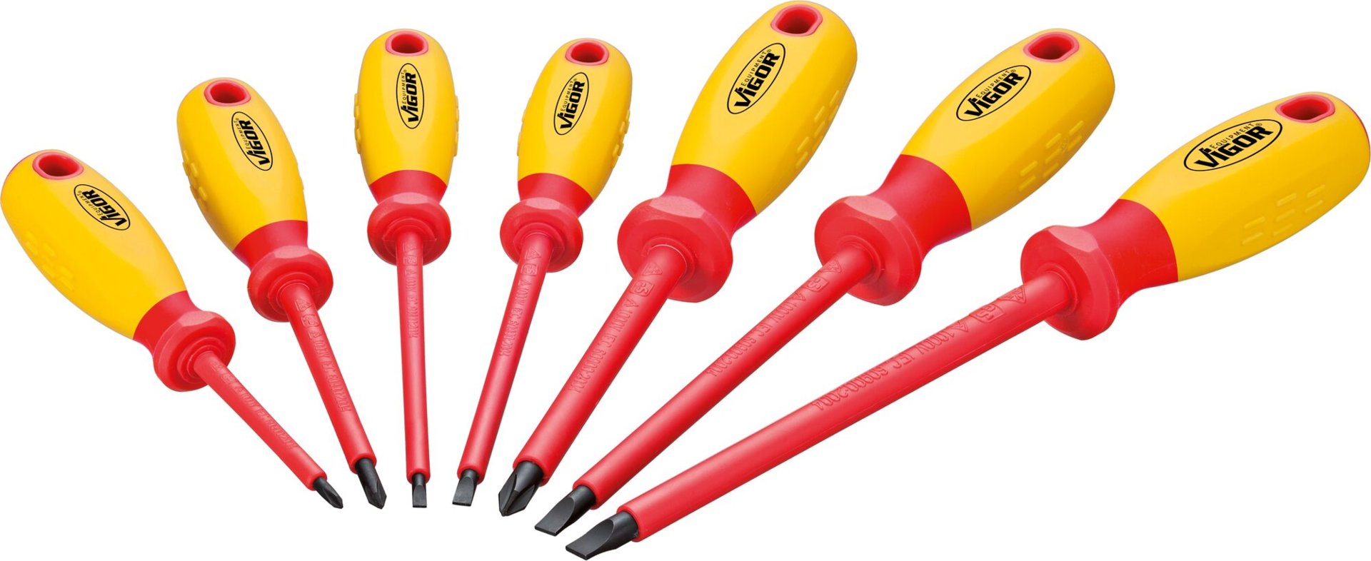 VIGOR VDE Schraubendreher Satz ∙ V2027 ∙ Kreuzschlitz Profil PH, Schlitz Profil ∙ 7-teilig ∙ 0,5 x 3 – 1,2 x 6,5 · PH0 – PH2 ∙ Anzahl Werkzeuge: 7 Produktbild img1 L
