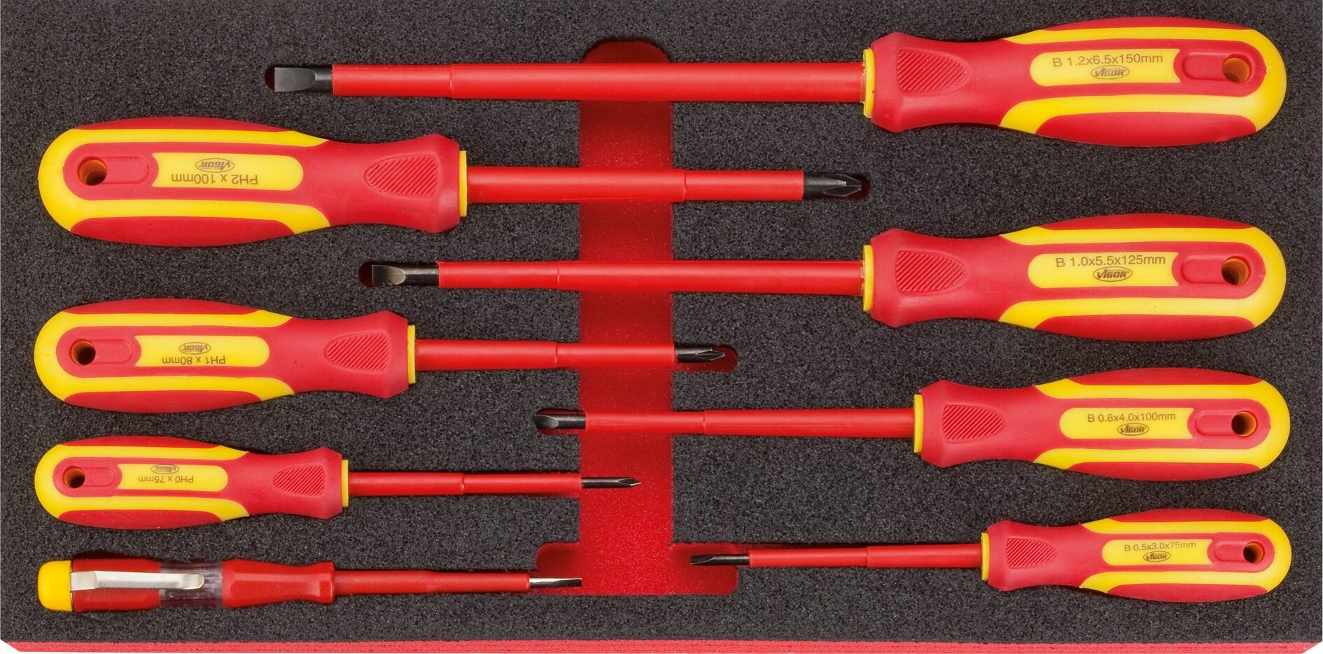 VIGOR VDE Schraubendreher Satz ∙ V2027 ∙ Kreuzschlitz Profil PH, Schlitz Profil ∙ 7-teilig ∙ 0,5 x 3 – 1,2 x 6,5 · PH0 – PH2 ∙ Anzahl Werkzeuge: 7 Produktbild img6 L