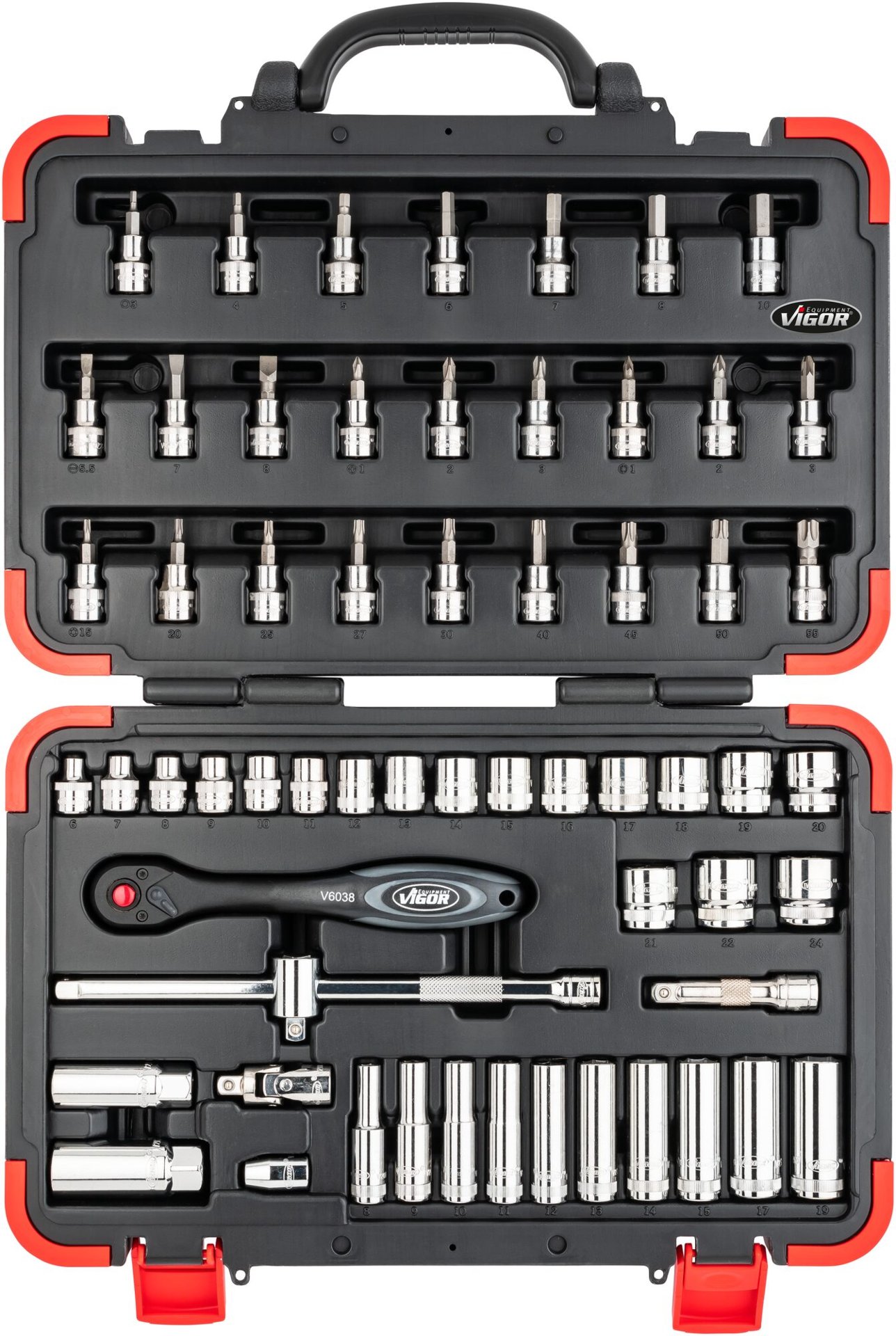 VIGOR Steckschlüssel Satz ∙ V2305N ∙ 3/8 Zoll (10 mm) Vierkant hohl ∙ Außen Sechskant Profil, Innen TORX® Profil, Innen Sechskant Profil, Kreuzschlitz Profil PH, Pozidriv Profil PZ, Schlitz Profil ∙ 61-teilig ∙ 0,8 x 5,5 – 1,2 x 8 · 3 – 24 · PH1 – PH3 · PZ1 – PZ3 · T15 – T55 ∙ Anzahl Werkzeuge: 61 Produktbild img14 L