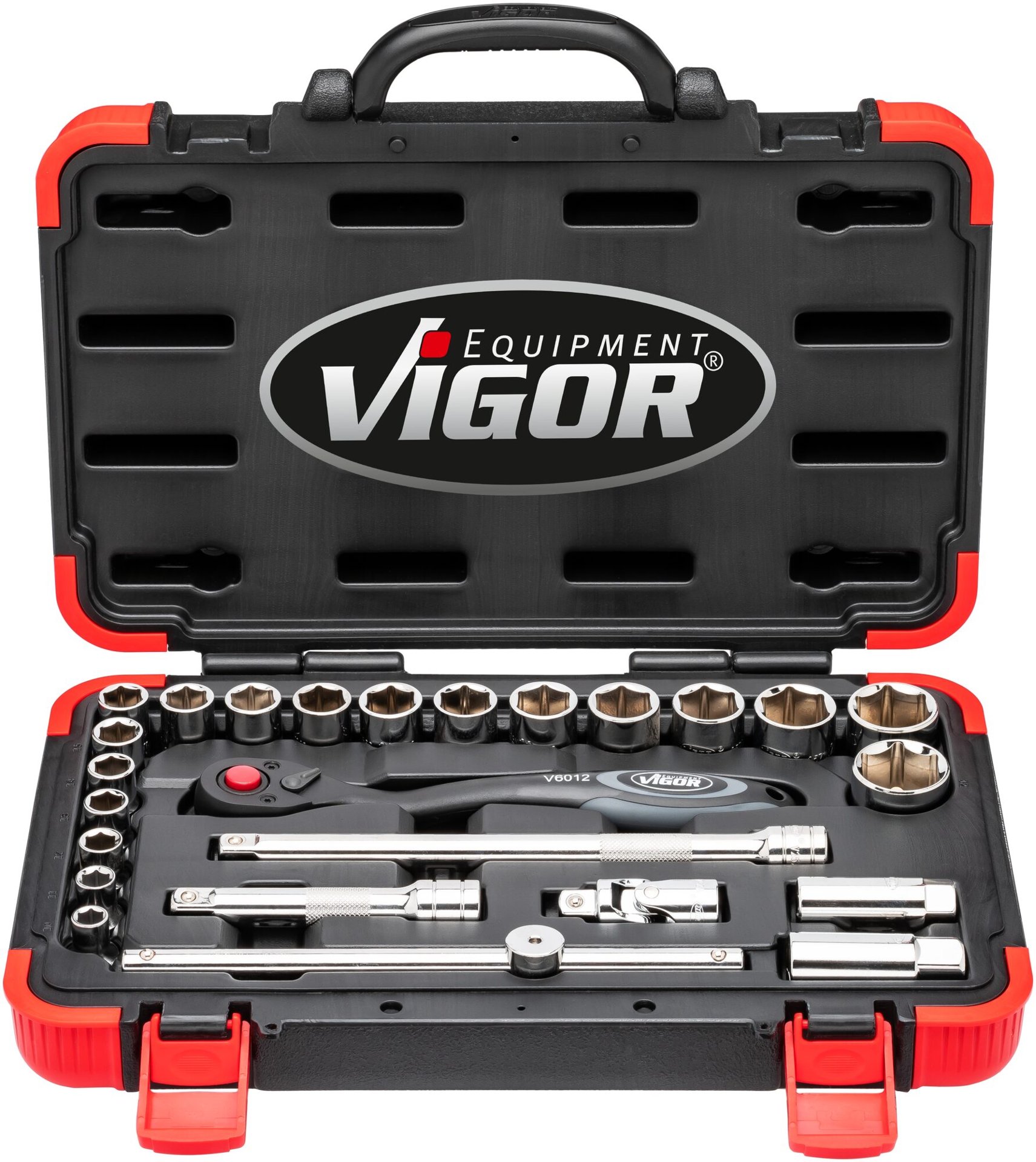 VIGOR Steckschlüssel Satz ∙ V2460N ∙ 1/2 Zoll (12,5 mm) Vierkant hohl ∙ Außen Sechskant Profil ∙ 25-teilig ∙ 10 – 32 ∙ Anzahl Werkzeuge: 25 Produktbild img8 L
