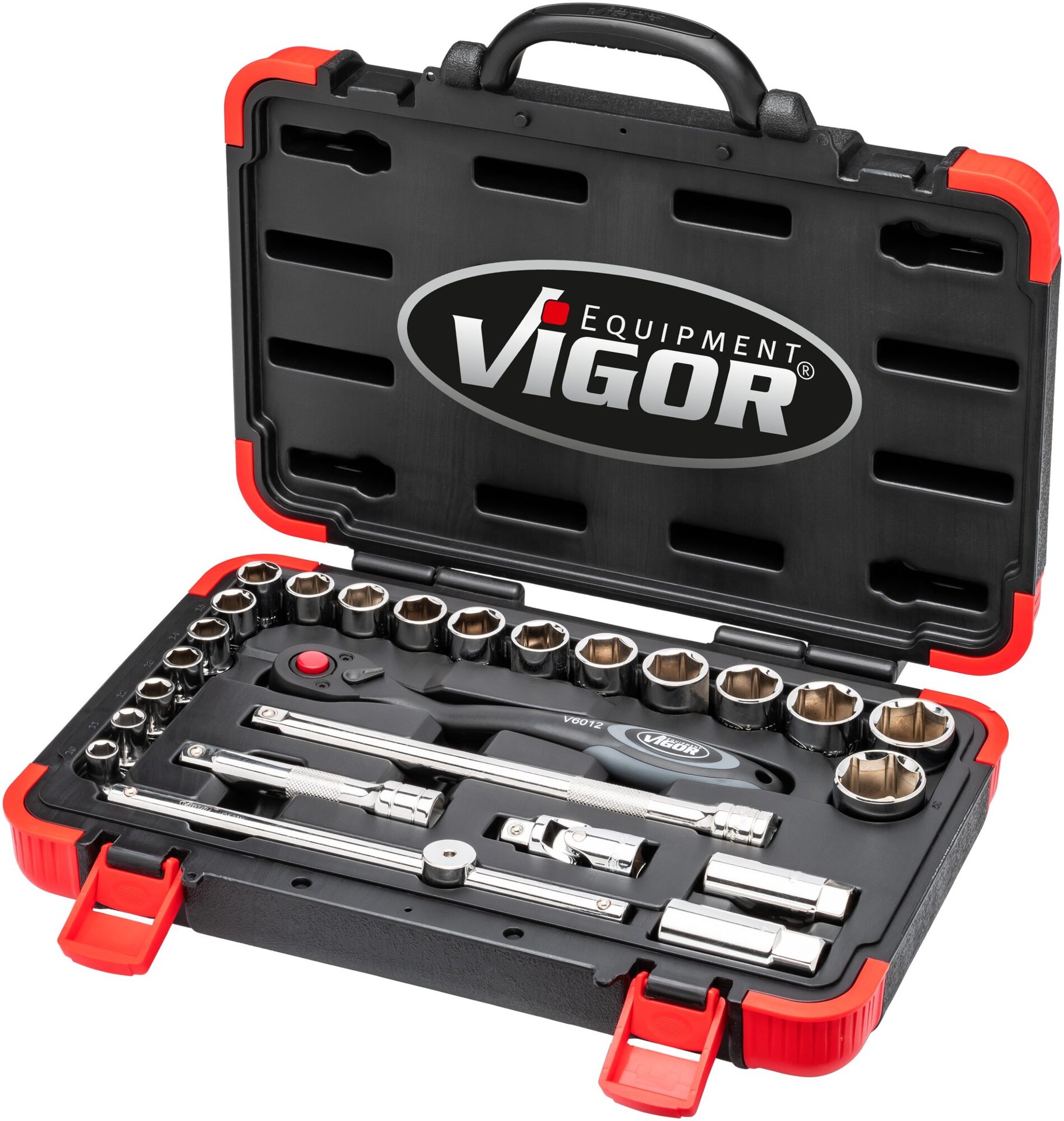 VIGOR Steckschlüssel Satz ∙ V2460N ∙ 1/2 Zoll (12,5 mm) Vierkant hohl ∙ Außen Sechskant Profil ∙ 25-teilig ∙ 10 – 32 ∙ Anzahl Werkzeuge: 25 Produktbild img9 L