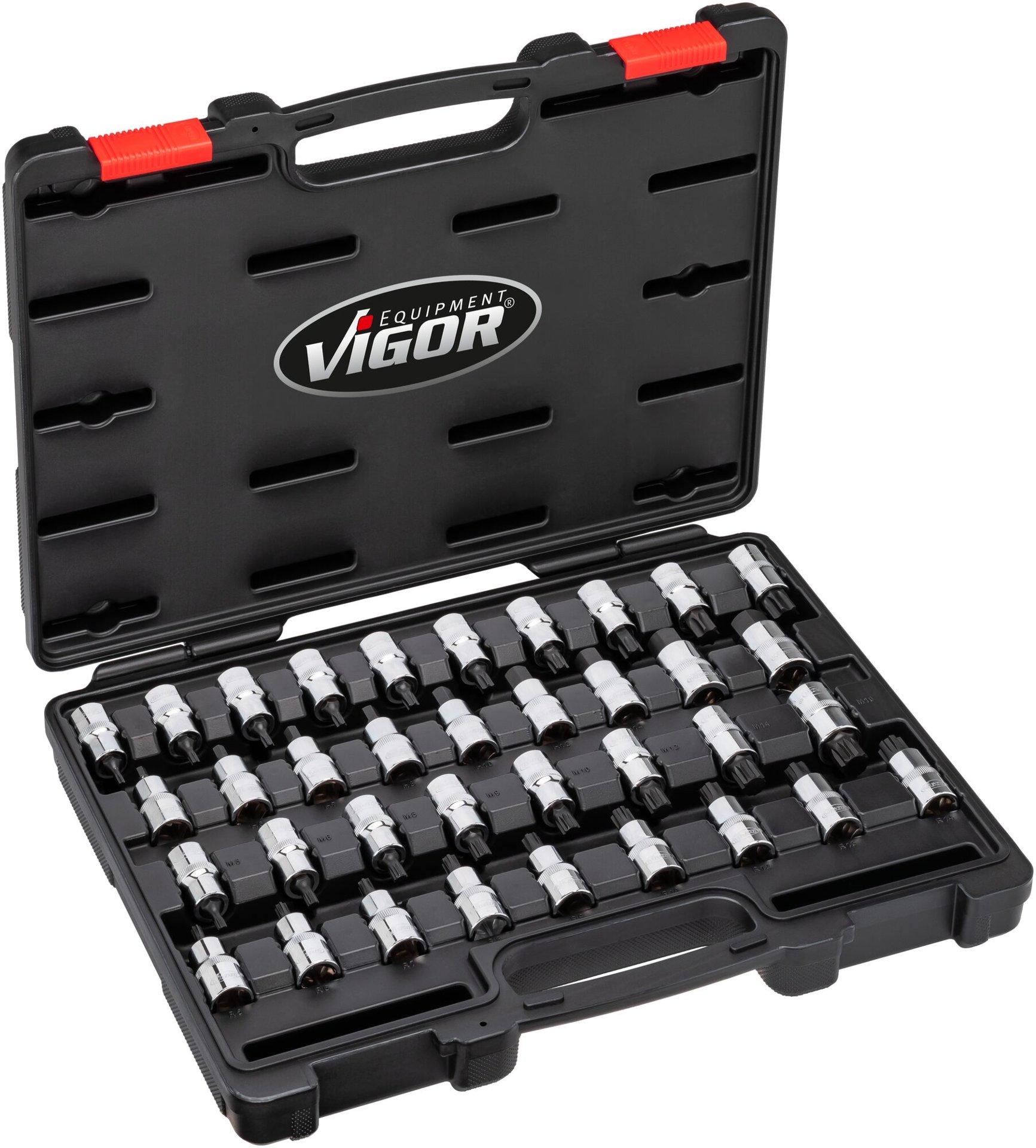 VIGOR Schraubendrehereinsatz Satz ∙ V2496 ∙ 1/2 Zoll (12,5 mm) Vierkant hohl ∙ Innen TORX® Profil, Innen Keilprofil Ribe-CV, Innen Sechskant Profil, Innen Vielzahn Profil XZN ∙ 36-teilig ∙ 5&nbsp;–&nbsp;19 · M5&nbsp;–&nbsp;M16 · T20&nbsp;–&nbsp;T70 ∙ Anzahl Werkzeuge: 36 Produktbild img1 L