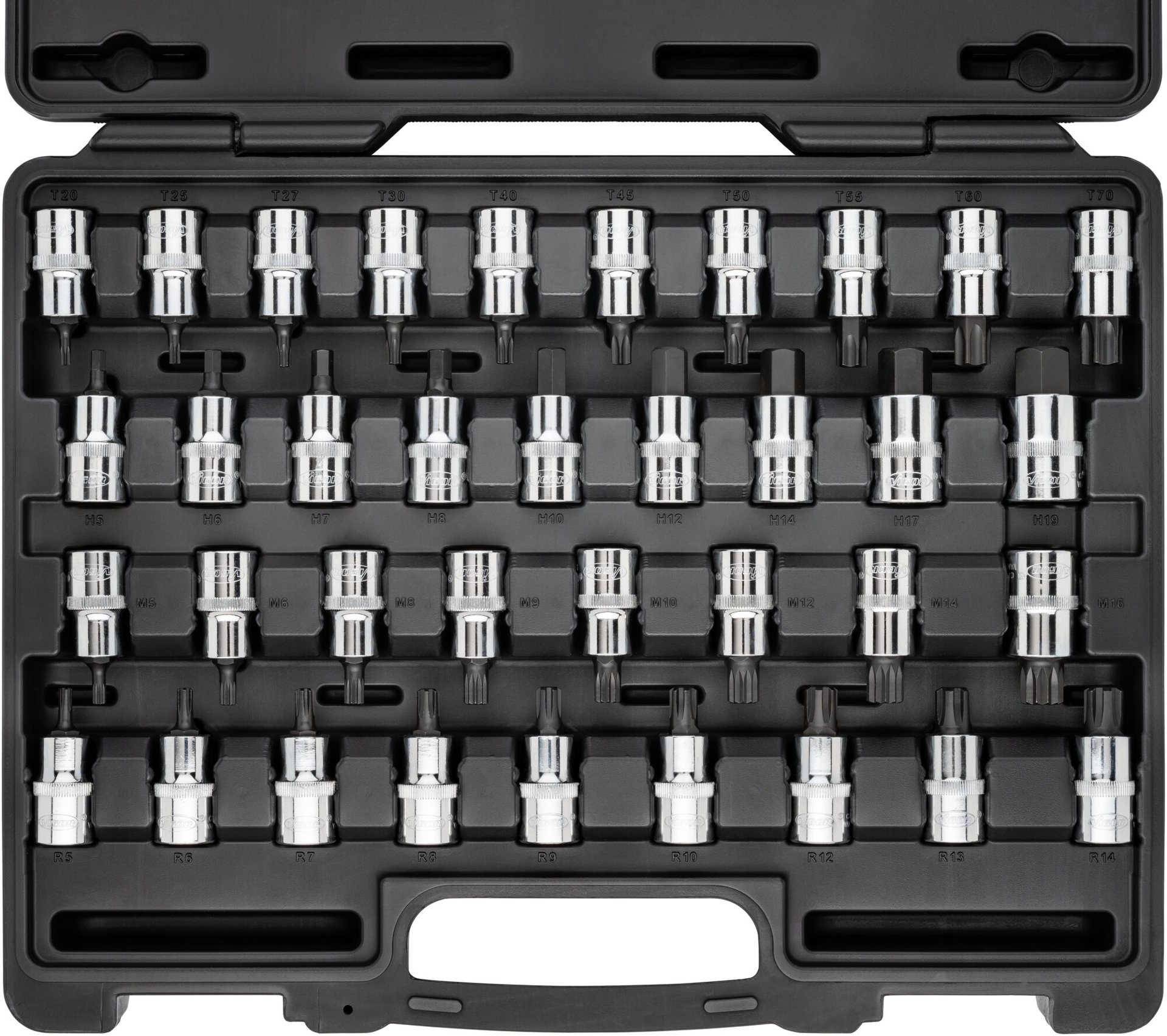 VIGOR Schraubendrehereinsatz Satz ∙ V2496 ∙ 1/2 Zoll (12,5 mm) Vierkant hohl ∙ Innen TORX® Profil, Innen Keilprofil Ribe-CV, Innen Sechskant Profil, Innen Vielzahn Profil XZN ∙ 36-teilig ∙ 5&nbsp;–&nbsp;19 · M5&nbsp;–&nbsp;M16 · T20&nbsp;–&nbsp;T70 ∙ Anzahl Werkzeuge: 36 Produktbild img6 L