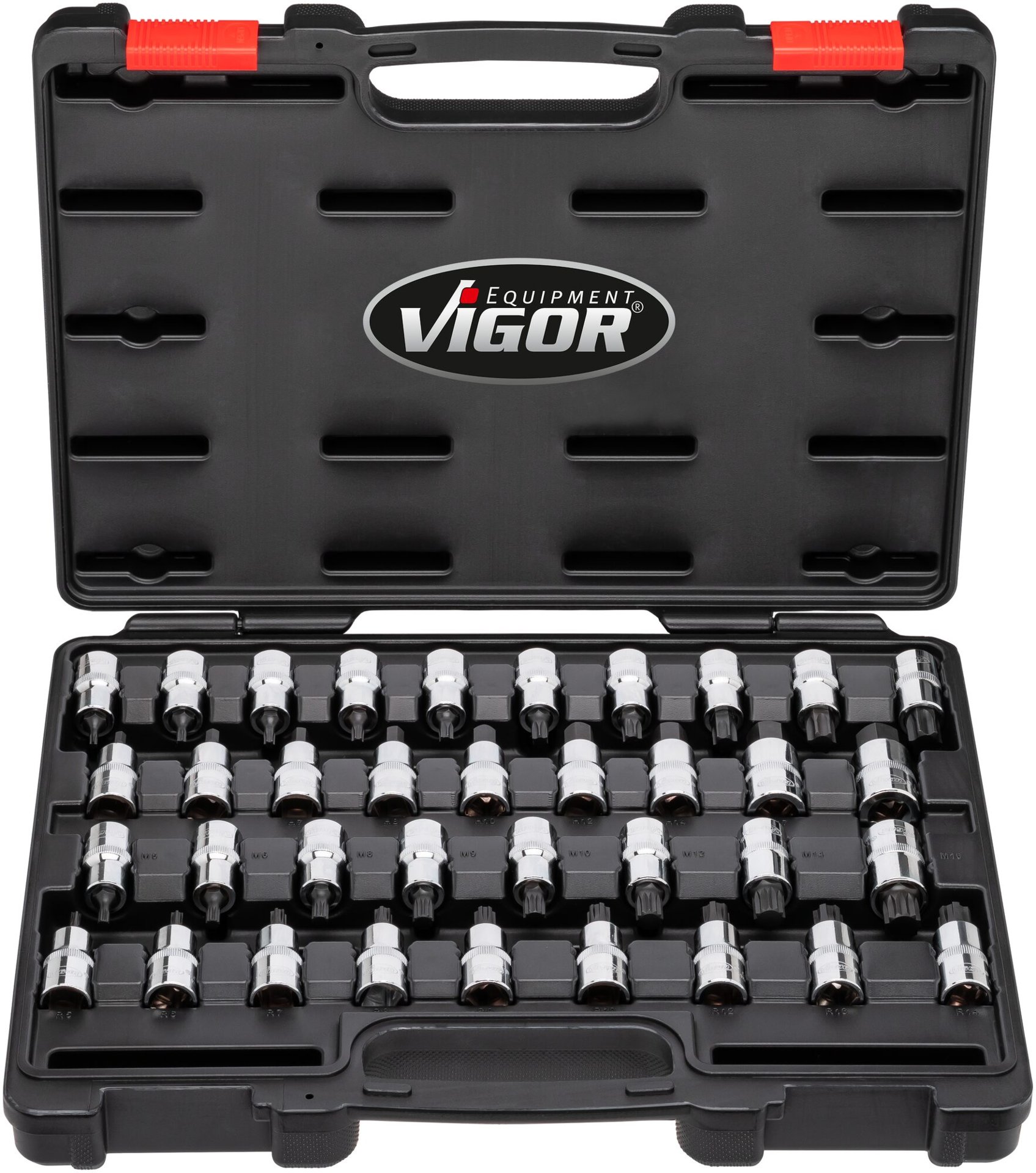 VIGOR Schraubendrehereinsatz Satz ∙ V2496 ∙ 1/2 Zoll (12,5 mm) Vierkant hohl ∙ Innen TORX® Profil, Innen Keilprofil Ribe-CV, Innen Sechskant Profil, Innen Vielzahn Profil XZN ∙ 36-teilig ∙ 5&nbsp;–&nbsp;19 · M5&nbsp;–&nbsp;M16 · T20&nbsp;–&nbsp;T70 ∙ Anzahl Werkzeuge: 36 Produktbild img5 L