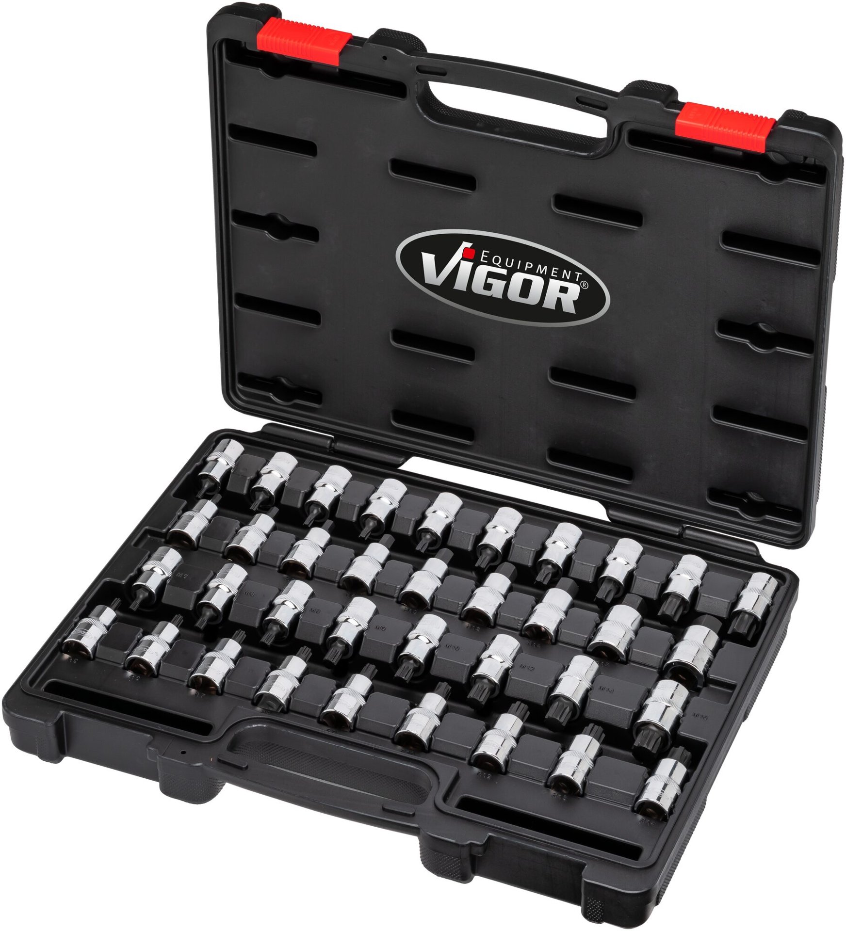 VIGOR Schraubendrehereinsatz Satz ∙ V2496 ∙ 1/2 Zoll (12,5 mm) Vierkant hohl ∙ Innen TORX® Profil, Innen Keilprofil Ribe-CV, Innen Sechskant Profil, Innen Vielzahn Profil XZN ∙ 36-teilig ∙ 5&nbsp;–&nbsp;19 · M5&nbsp;–&nbsp;M16 · T20&nbsp;–&nbsp;T70 ∙ Anzahl Werkzeuge: 36 Produktbild img4 L