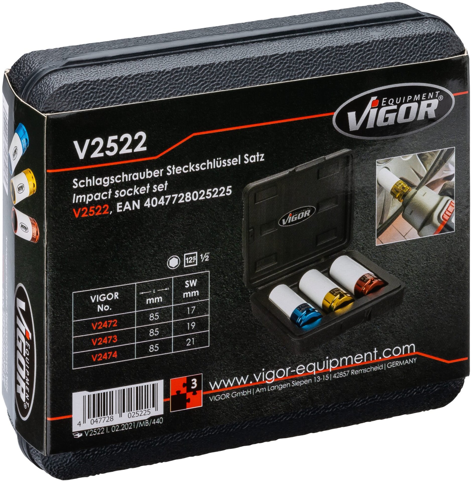 VIGOR Schlagschrauber Steckschlüsseleinsatz Satz ∙ V2522 ∙ 1/2 Zoll (12,5 mm) Vierkant hohl ∙ Außen Sechskant Profil ∙ 3-teilig ∙ 17 ∙ 19 ∙ 21 mm ∙ Anzahl Werkzeuge: 3 Produktbild img8 L