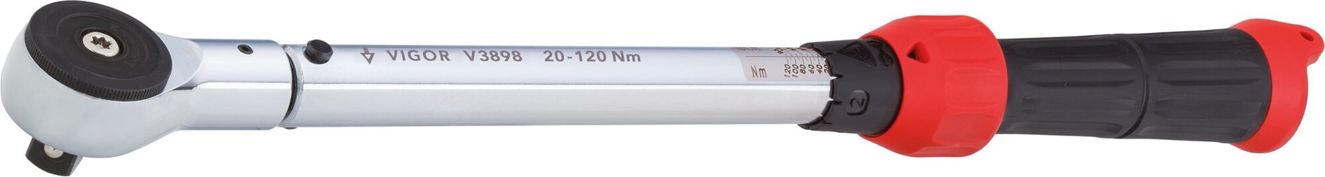 VIGOR Drehmomentschlüssel ∙ V3898 ∙ Drehmomentbereich min-max: 20 – 120 Nm ∙ Genauigkeit: 4% ∙ 1/2 Zoll (12,5 mm) Vierkant massiv ∙ 445 mm Produktbild img3 L
