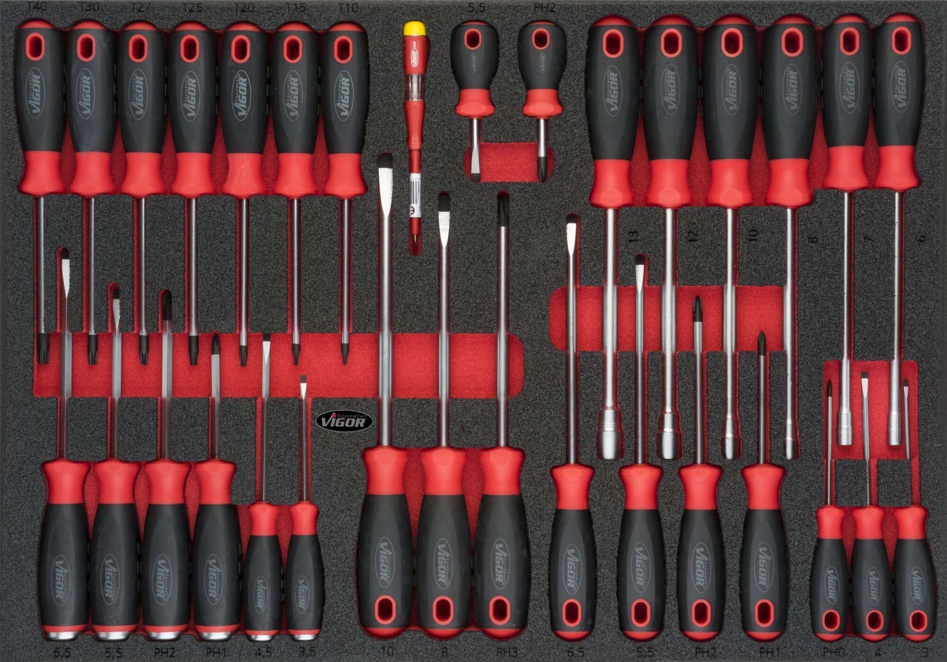 VIGOR Schraubendreher Satz ∙ V4230 ∙ Außen Sechskant Profil, Innen TORX® Profil, Innen Sechskant Profil, Kreuzschlitz Profil PH, Schlitz Profil ∙ 32-teilig ∙ 0,5&nbsp;x&nbsp;3&nbsp;–&nbsp;1,6&nbsp;x&nbsp;10 · 6&nbsp;–&nbsp;13 · PH0&nbsp;–&nbsp;PH3 · T10&nbsp;–&nbsp;T40 ∙ Anzahl Werkzeuge: 32 Produktbild img1 L