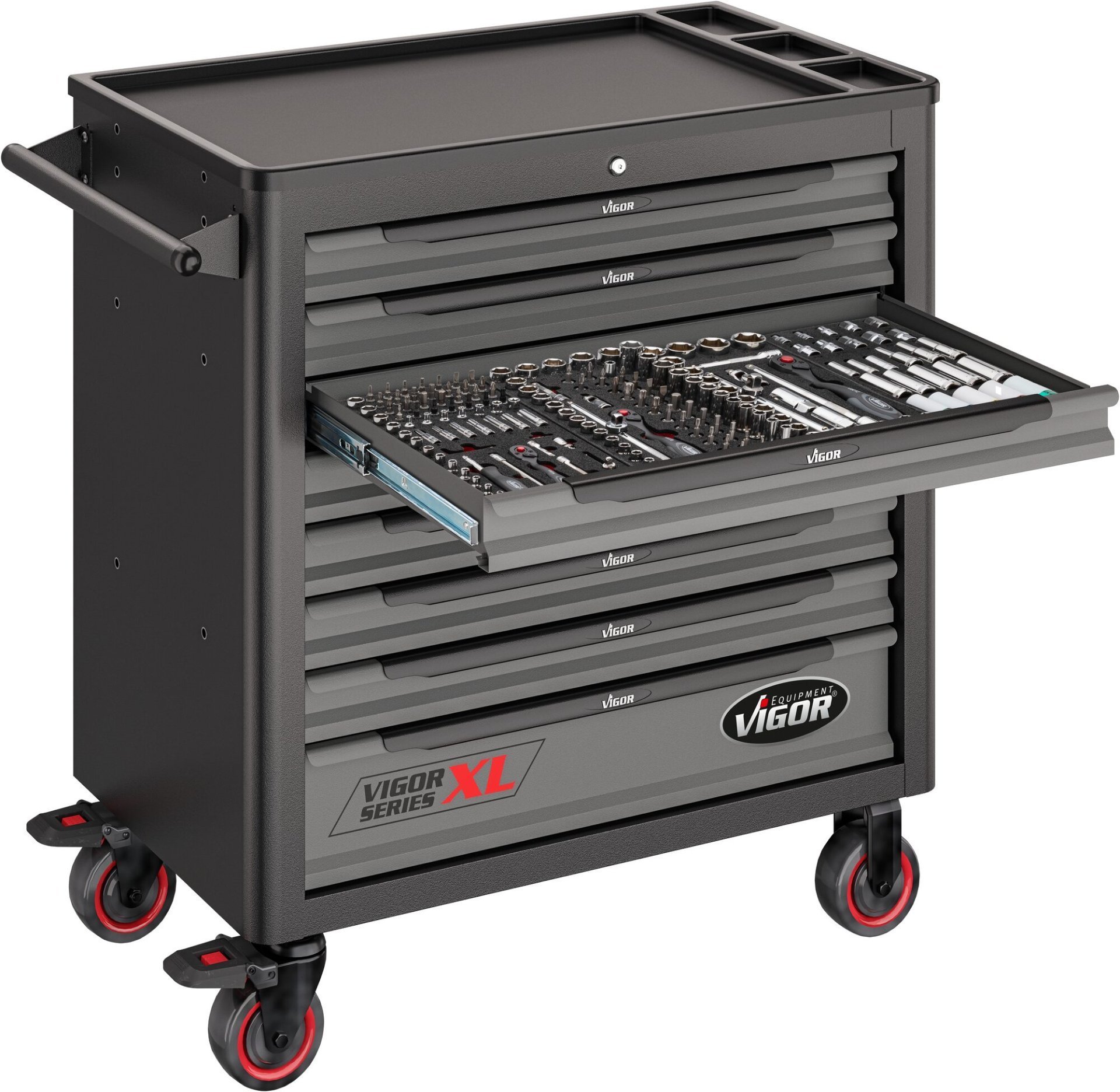 VIGOR Werkstattwagen Series&nbsp;XL ∙ Kunststoff-Arbeitsplatte ∙ mit Sortiment ∙ V5434 ∙ 499-teilig ∙ Anzahl Werkzeuge: 499 Produktbild img13 L