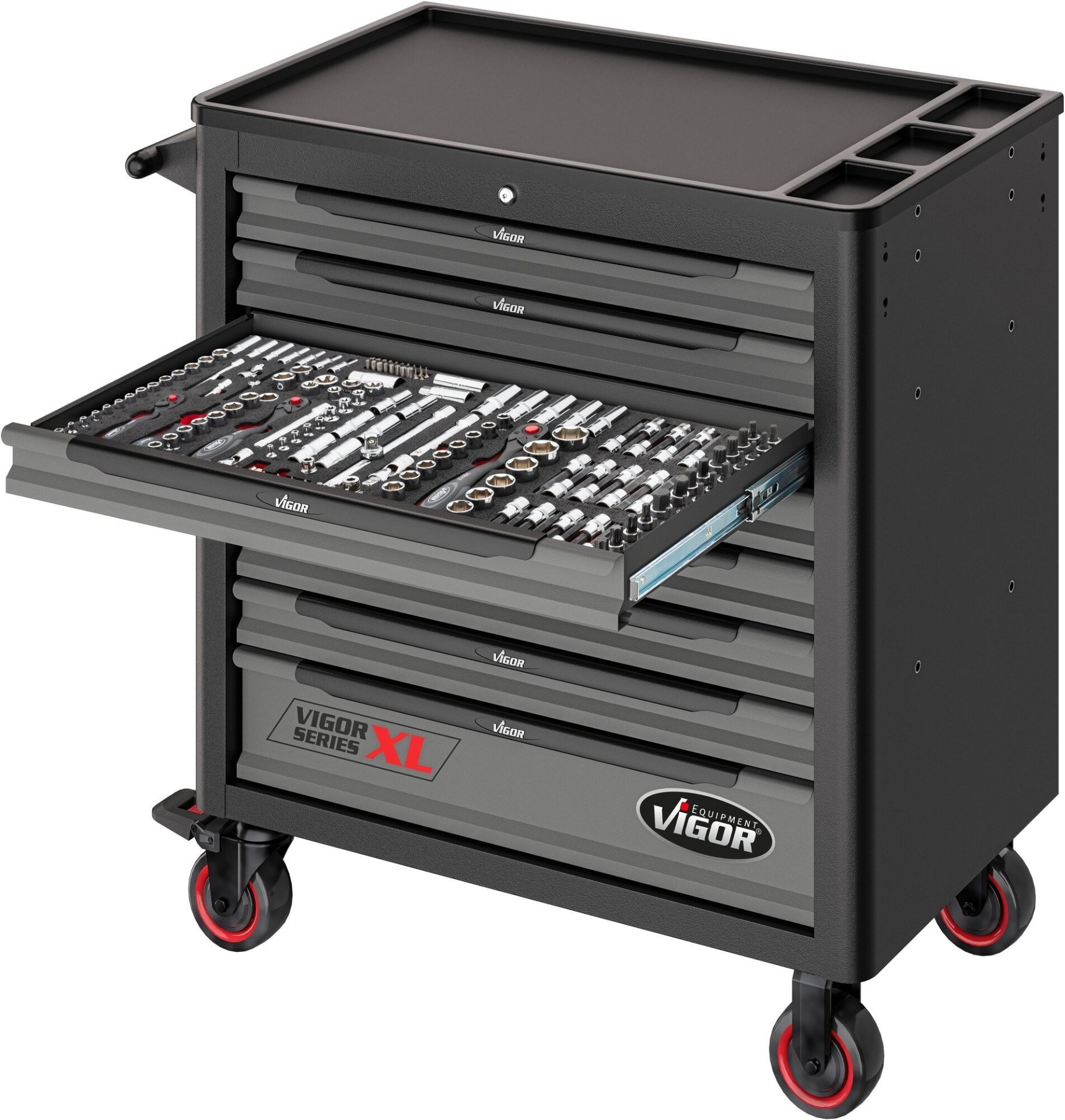 VIGOR Werkstattwagen Series&nbsp;XL ∙ Kunststoff-Arbeitsplatte ∙ mit Sortiment ∙ V5434 ∙ 499-teilig ∙ Anzahl Werkzeuge: 499 Produktbild img14 L