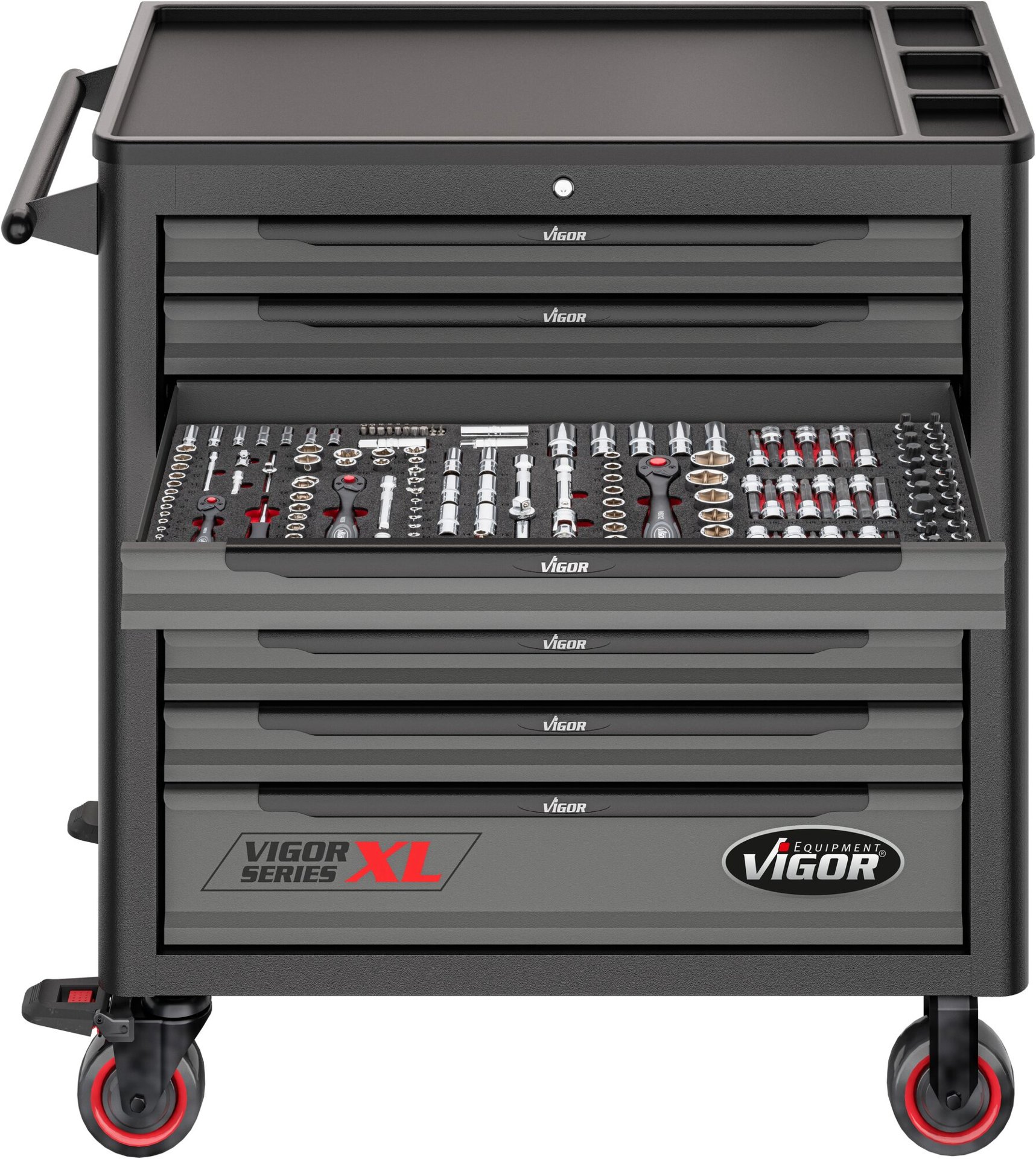 VIGOR Werkstattwagen Series&nbsp;XL ∙ Kunststoff-Arbeitsplatte ∙ mit Sortiment ∙ V5434 ∙ 499-teilig ∙ Anzahl Werkzeuge: 499 Produktbild img11 L