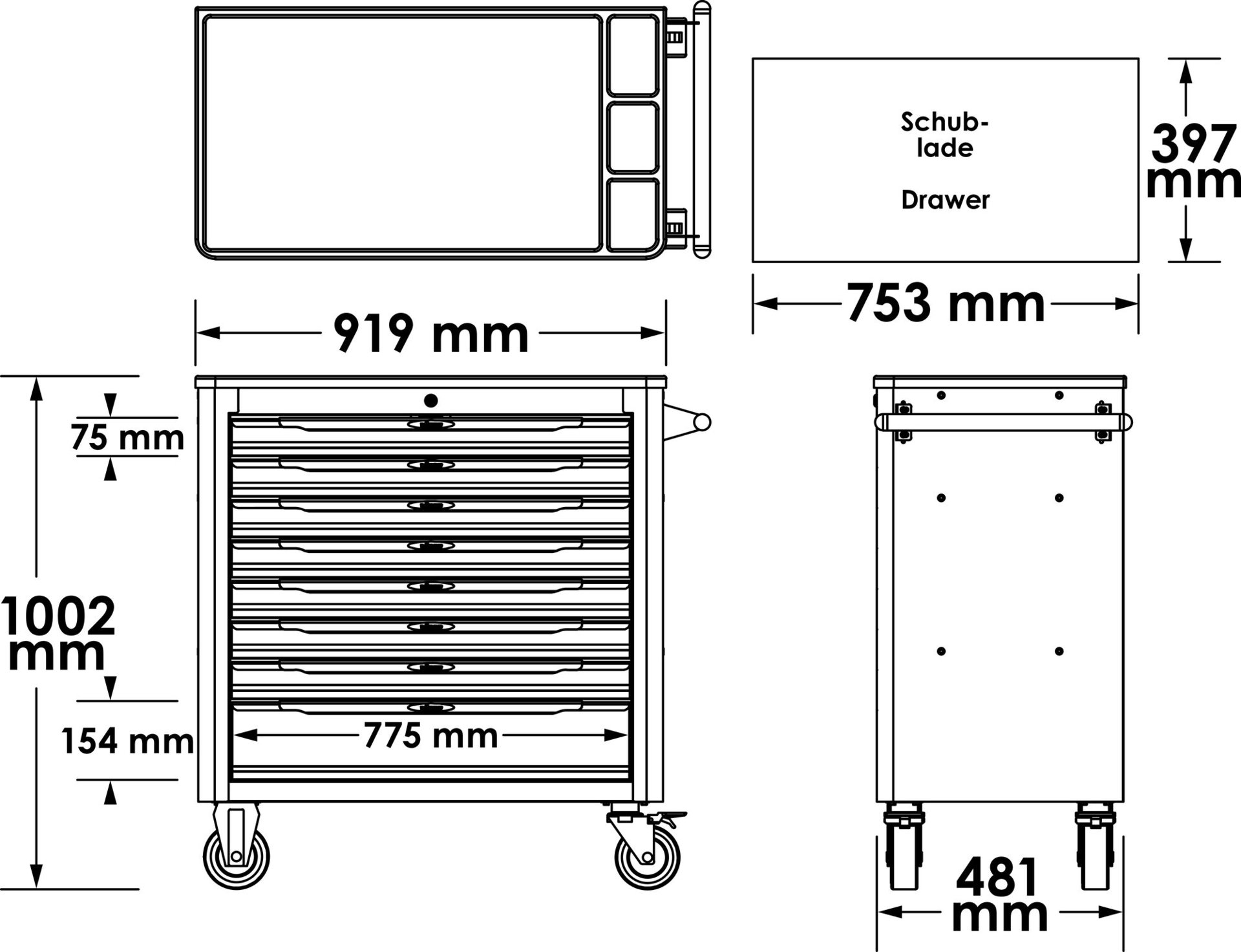 VIGOR Werkstattwagen Series&nbsp;XL ∙ Kunststoff-Arbeitsplatte ∙ mit Sortiment ∙ V5434 ∙ 499-teilig ∙ Anzahl Werkzeuge: 499 Produktbild img21 L