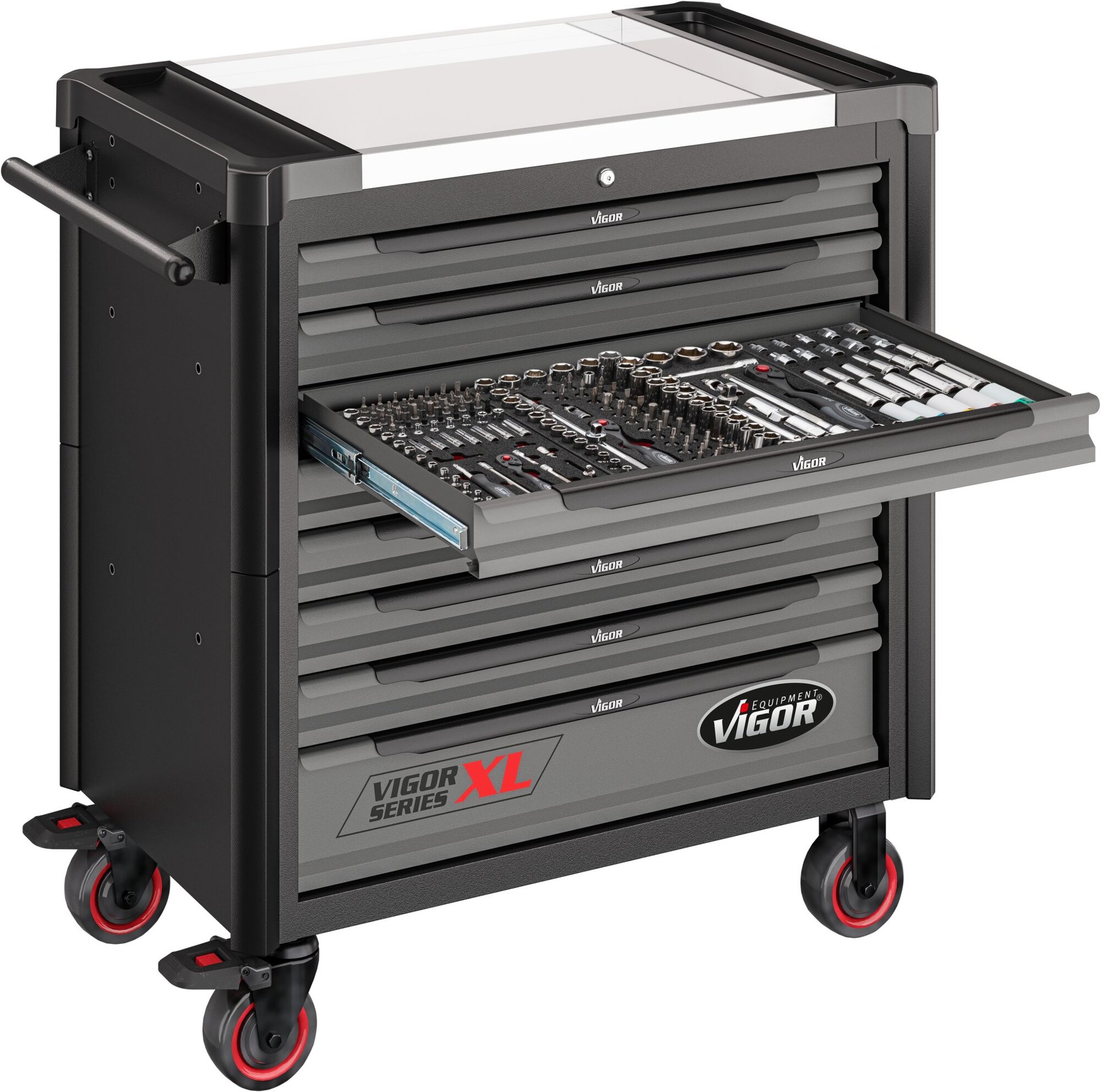 VIGOR Werkstattwagen Series XL ∙ Edelstahl-Arbeitsplatte ∙ leer ∙ V4481-X ∙ L x B x H: 949 mm x 523 mm x 1017 mm Produktbild img14 L