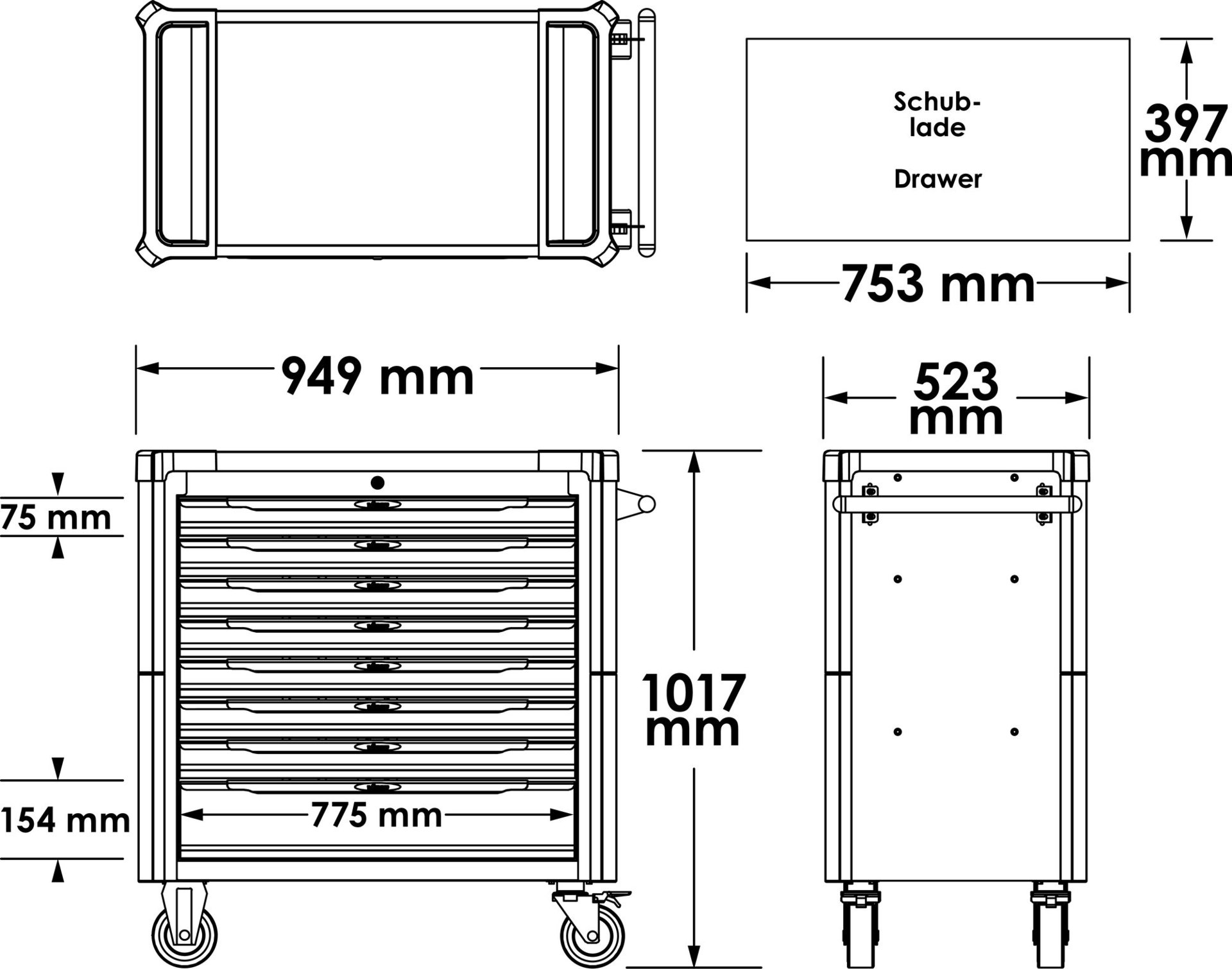 VIGOR Werkstattwagen Series XL ∙ Edelstahl-Arbeitsplatte ∙ leer ∙ V4481-X ∙ L x B x H: 949 mm x 523 mm x 1017 mm Produktbild img20 L