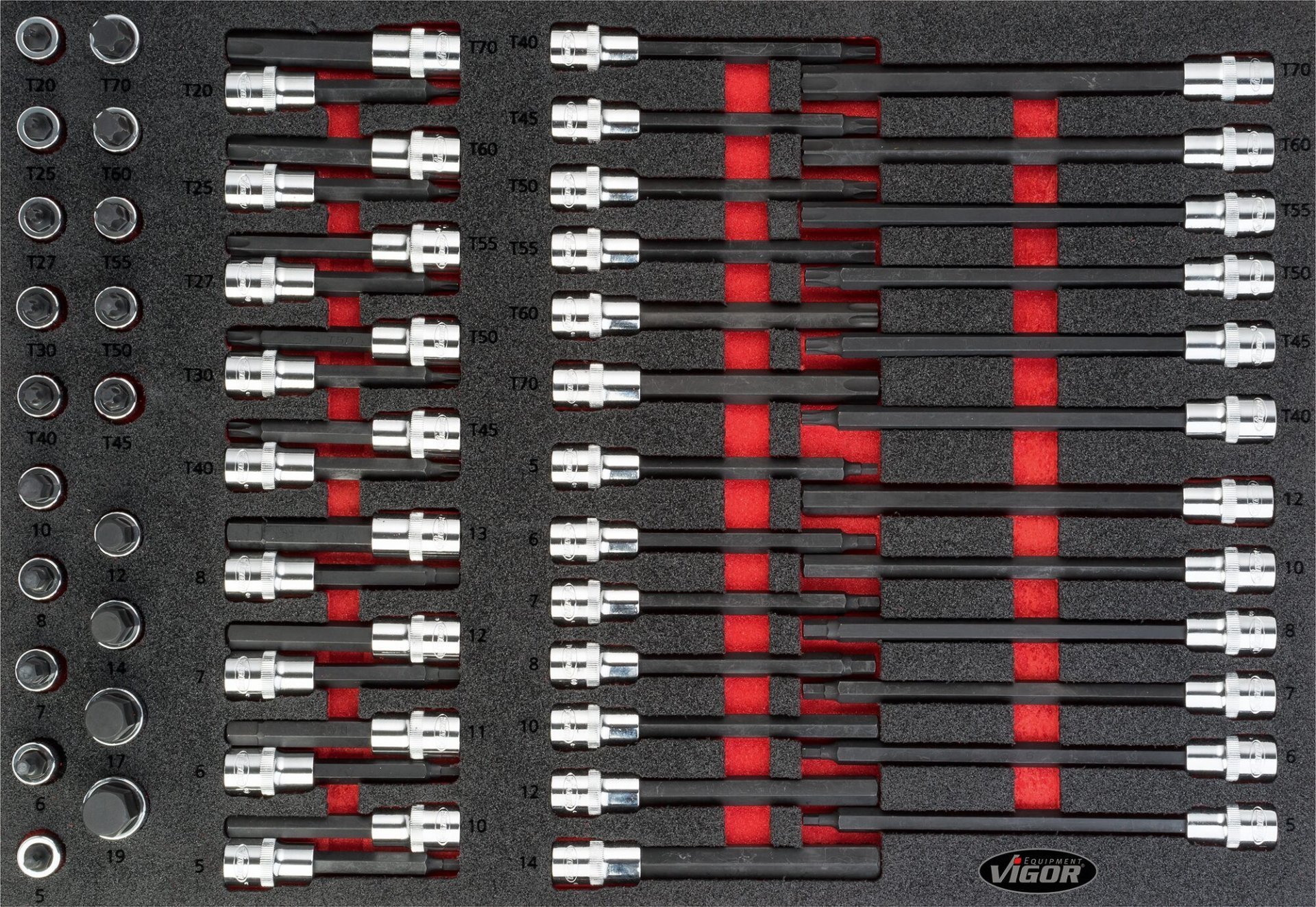 VIGOR Schraubendrehereinsatz Satz ∙ V4727 ∙ 1/2 Zoll (12,5 mm) Vierkant hohl ∙ Innen TORX® Profil, Innen Keilprofil Ribe-CV, Innen Sechskant Profil, Innen Vielzahn Profil XZN ∙ 62-teilig ∙ 5 – 19 · T20 – T70 ∙ Anzahl Werkzeuge: 62 Produktbild img1 L