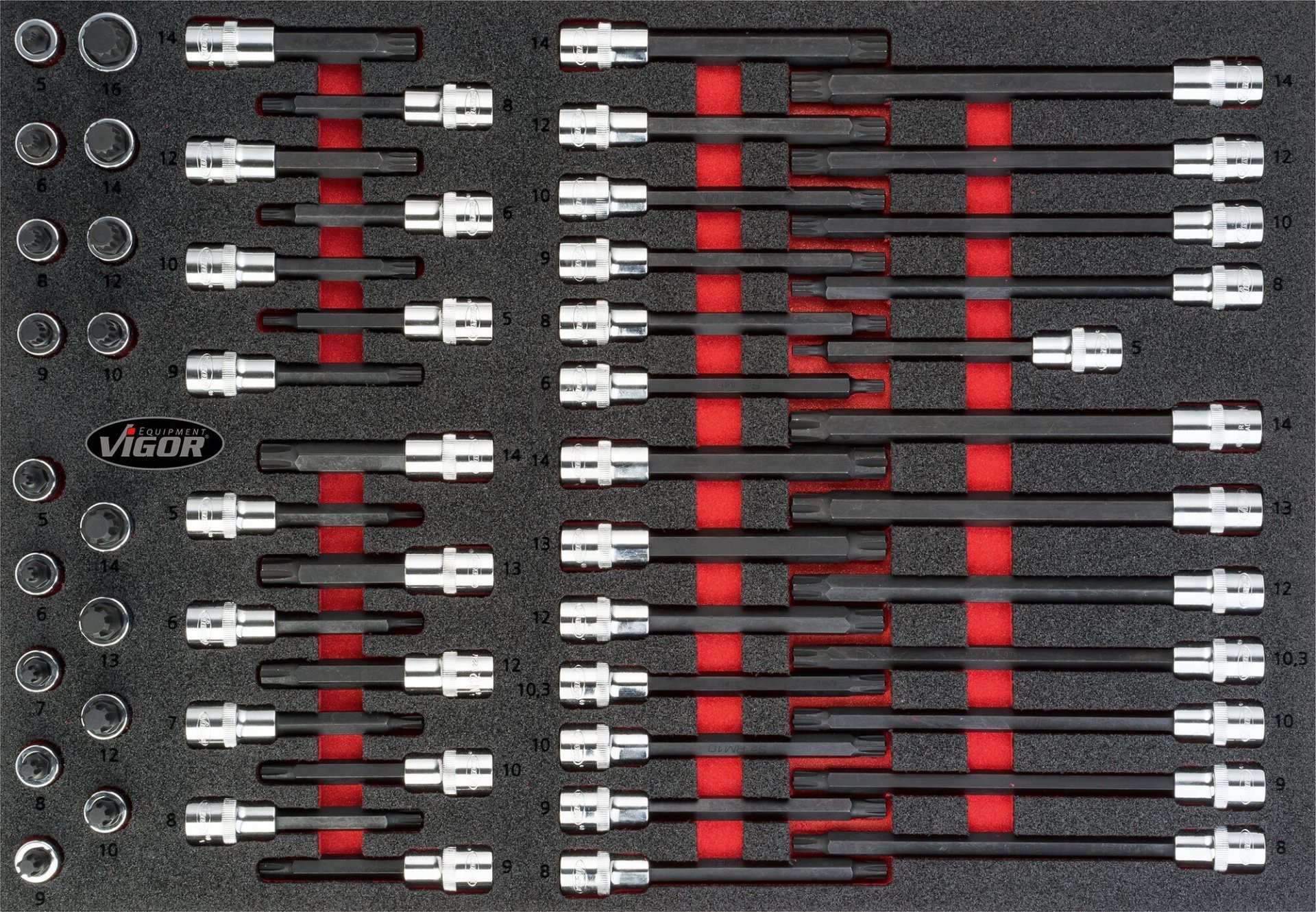 VIGOR Schraubendrehereinsatz Satz ∙ V4729 ∙ 1/2 Zoll (12,5 mm) Vierkant hohl ∙ Innen Keilprofil Ribe-CV, Innen Vielzahn Profil XZN ∙ 58-teilig ∙ M5 – M16 ∙ Anzahl Werkzeuge: 58 Produktbild img1 L
