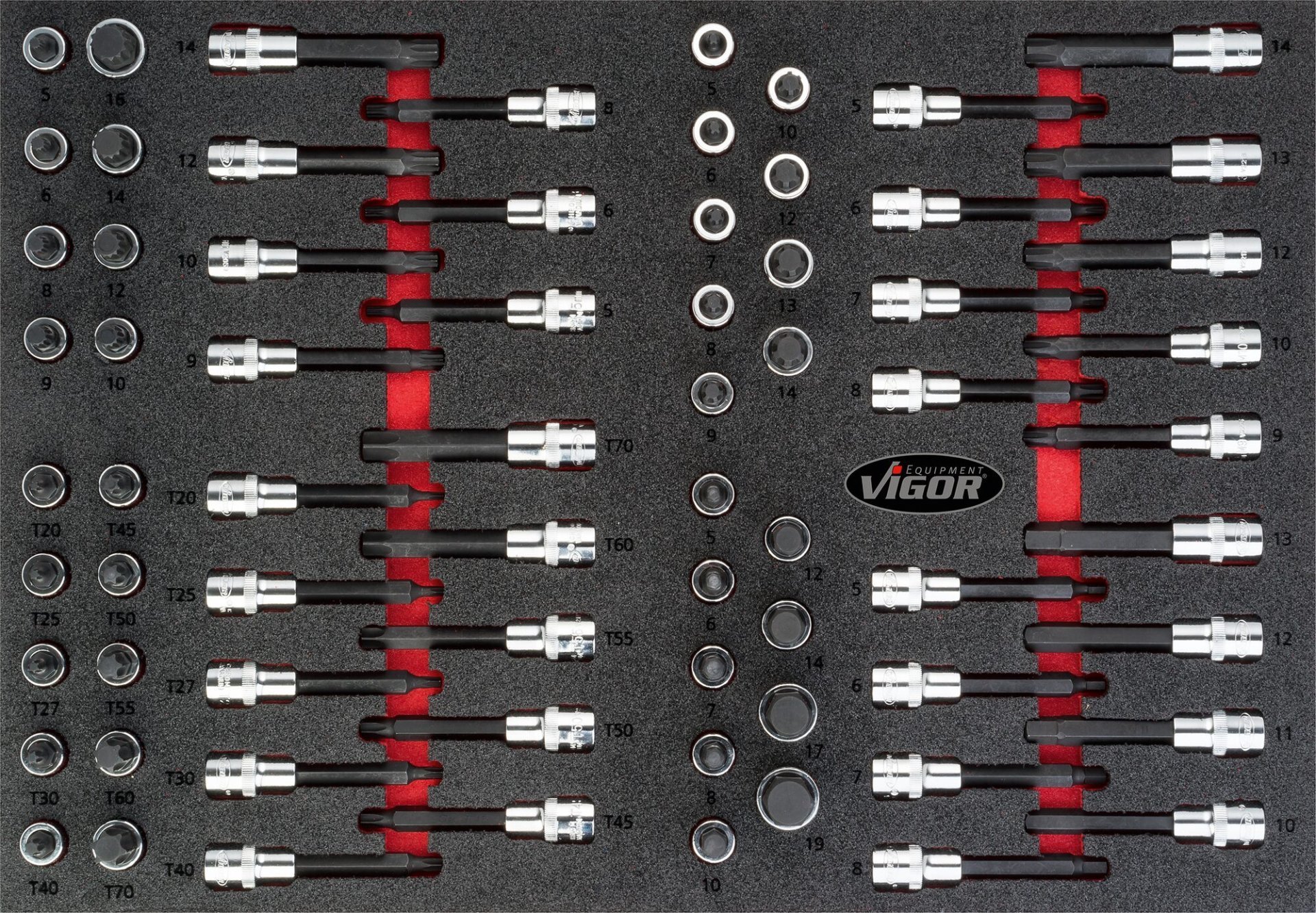 VIGOR Schraubendrehereinsatz Satz ∙ V4753 ∙ 1/2 Zoll (12,5 mm) Vierkant hohl ∙ Innen TORX® Profil, Innen Sechskant Profil ∙ 70-teilig ∙ 5&nbsp;–&nbsp;19 · M5&nbsp;–&nbsp;M16 · T20&nbsp;–&nbsp;T70 ∙ Anzahl Werkzeuge: 70 Produktbild img1 L