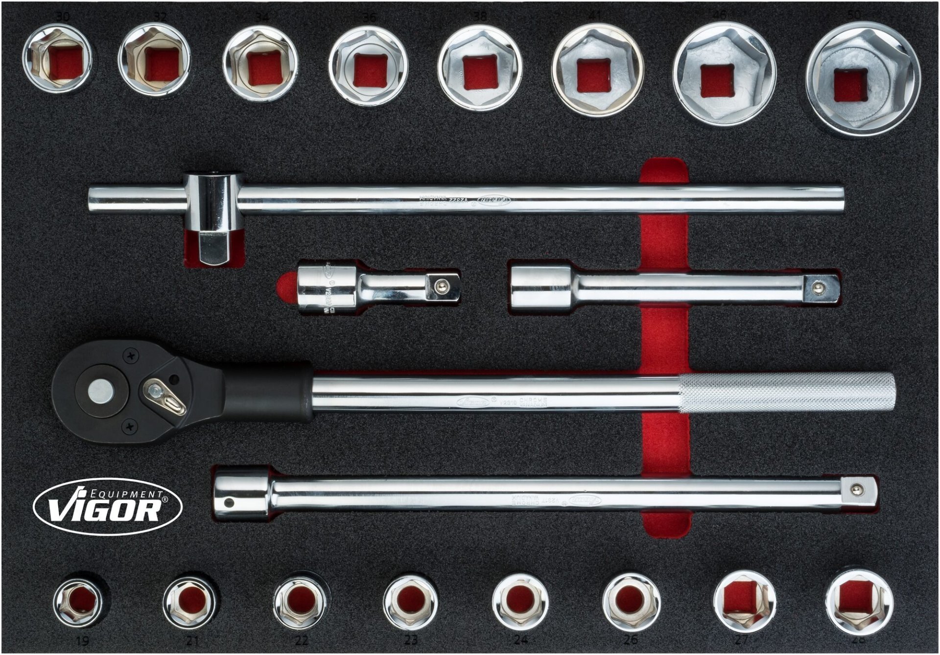 VIGOR Steckschlüssel Satz ∙ V5109 ∙ 3/4 Zoll (20 mm) Vierkant hohl ∙ Außen Sechskant Profil ∙ 21-teilig ∙ 19 – 50 ∙ Anzahl Werkzeuge: 21 Produktbild img1 L