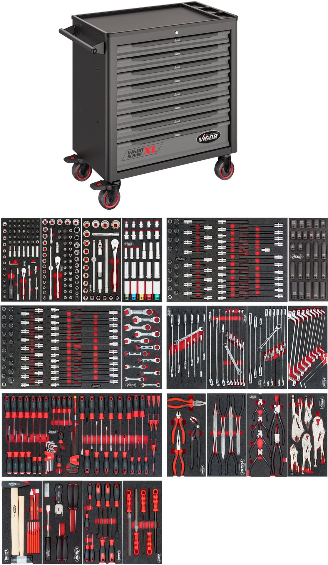 VIGOR Werkstattwagen Series&nbsp;XL ∙ Kunststoff-Arbeitsplatte ∙ mit Sortiment ∙ V5434 ∙ 499-teilig ∙ Anzahl Werkzeuge: 499 Produktbild img1 L